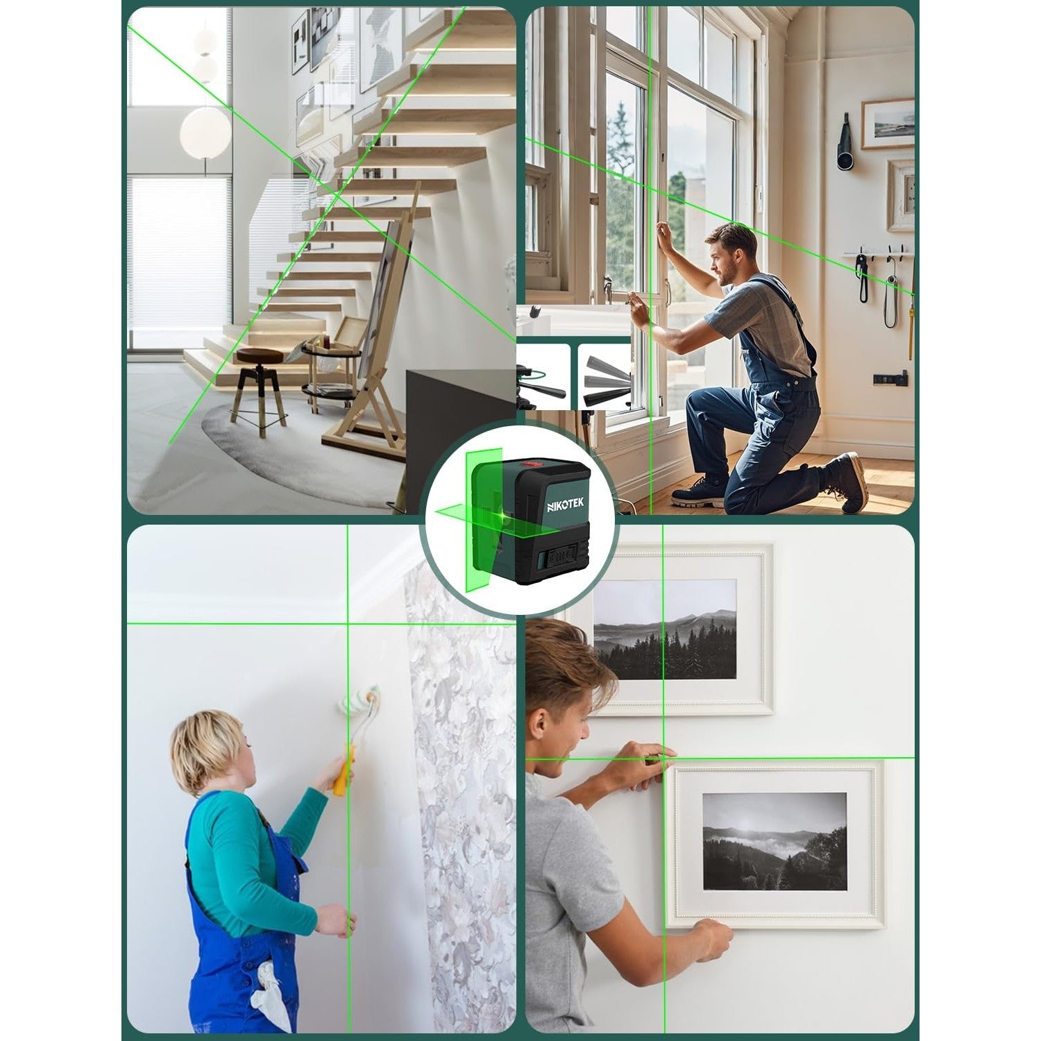 Nikotek Laser Level, Self-leveling Green Line Laser With Horizontal and Vertical Lines for Construction and Picture Hanging, Battery Included (NK02G With 26 inch Tripod) - Medaid International