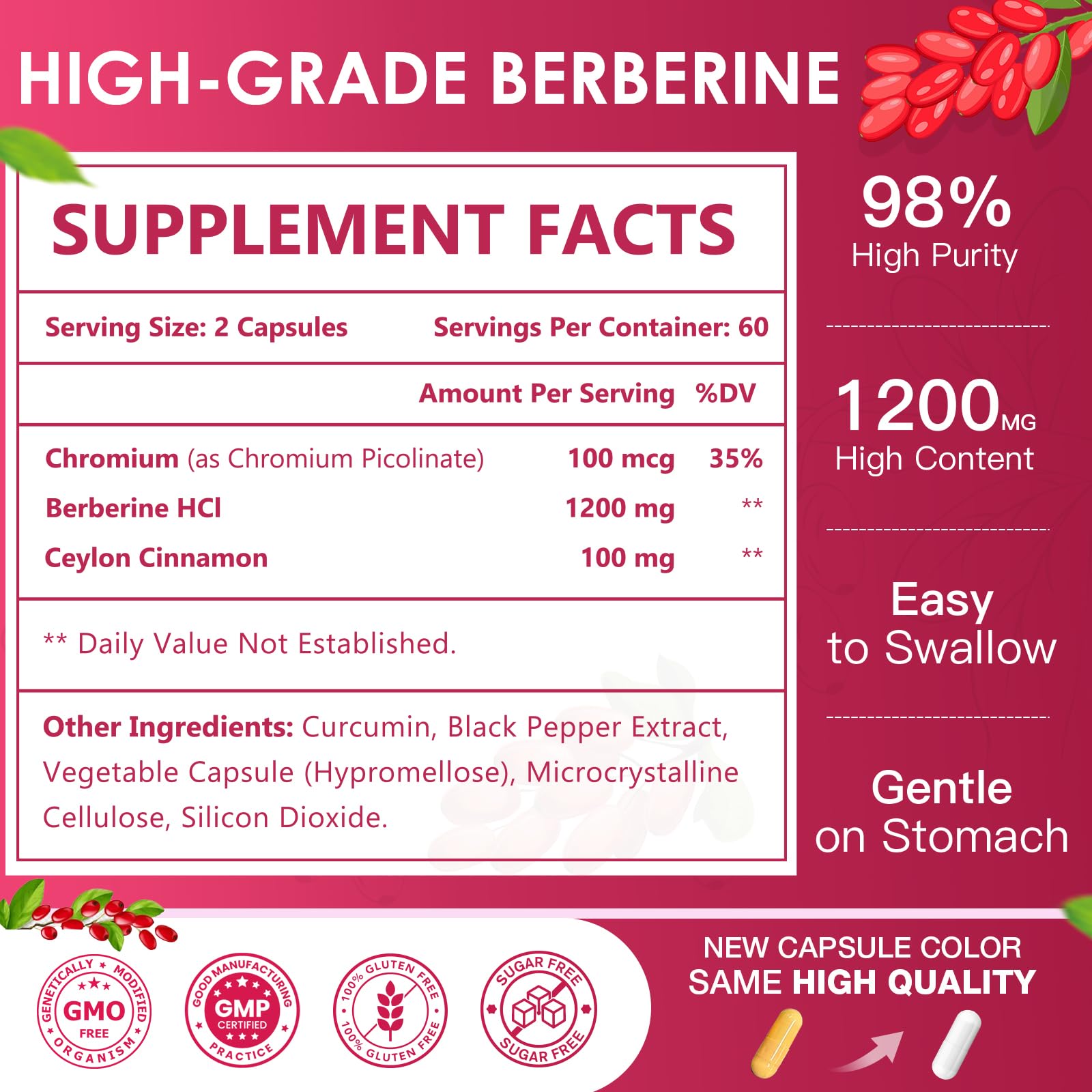 NATURE TARGET Berberine HCl 1200mg, Berberine Supplement with Ceylon Cinnamon, Chromium - Supports Immune, Gastrointestinal & Heart Health, Non-GMO, 120 Capsules - Medaid International