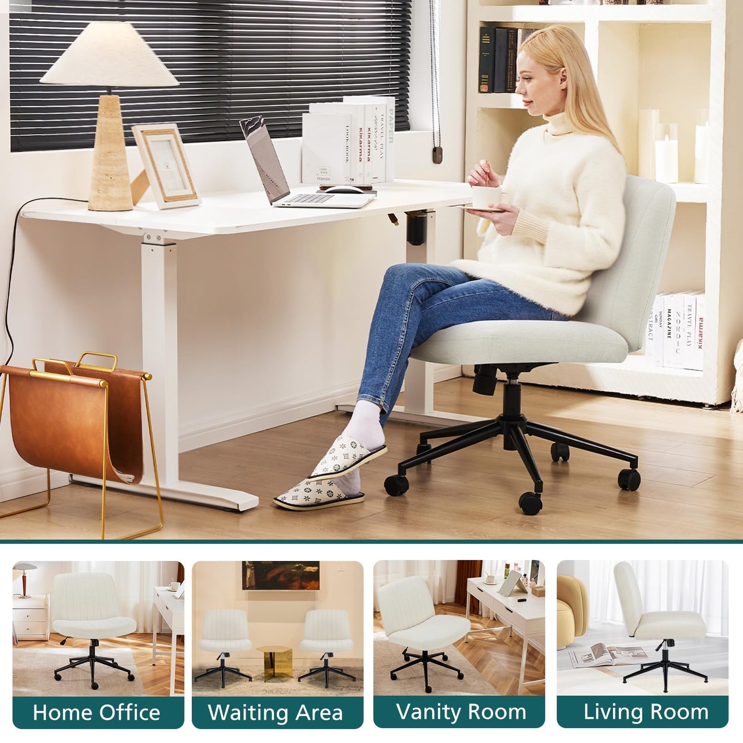 OLIXIS Criss Cross Chair with Wheels Wide Cross Legged Office Desk Vanity Chair Comfy Fabric Armless Adjustable Swivel for Home Computer Task Fabric Beige - Medaid International