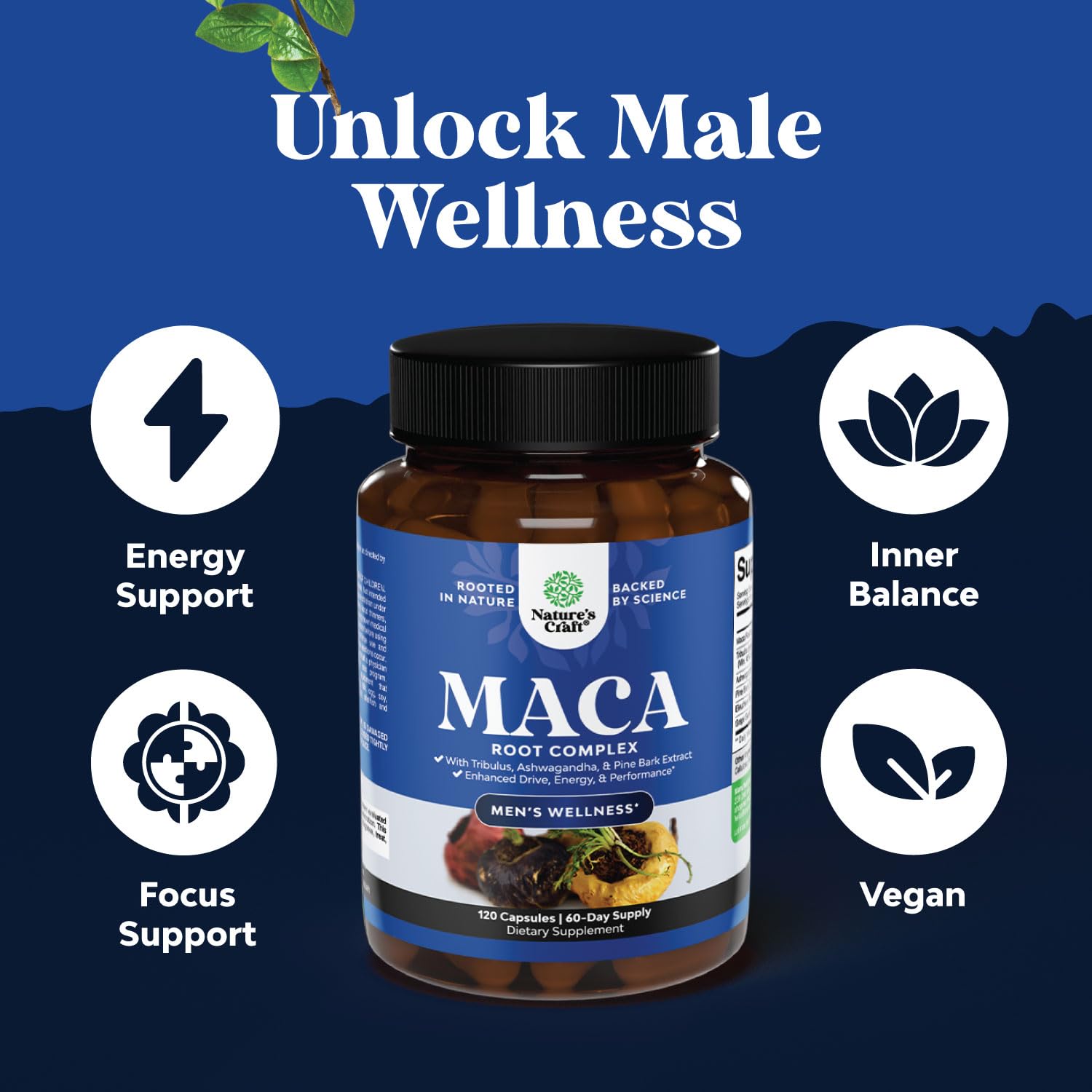 Potent Black Maca Root Capsules for Men - Herbal Wellness Supplement with Siberian Ginseng Ashwagandha and Black Maca Root - Men’s Wellness Supplement to Support General Health (60 Servings) - Medaid International