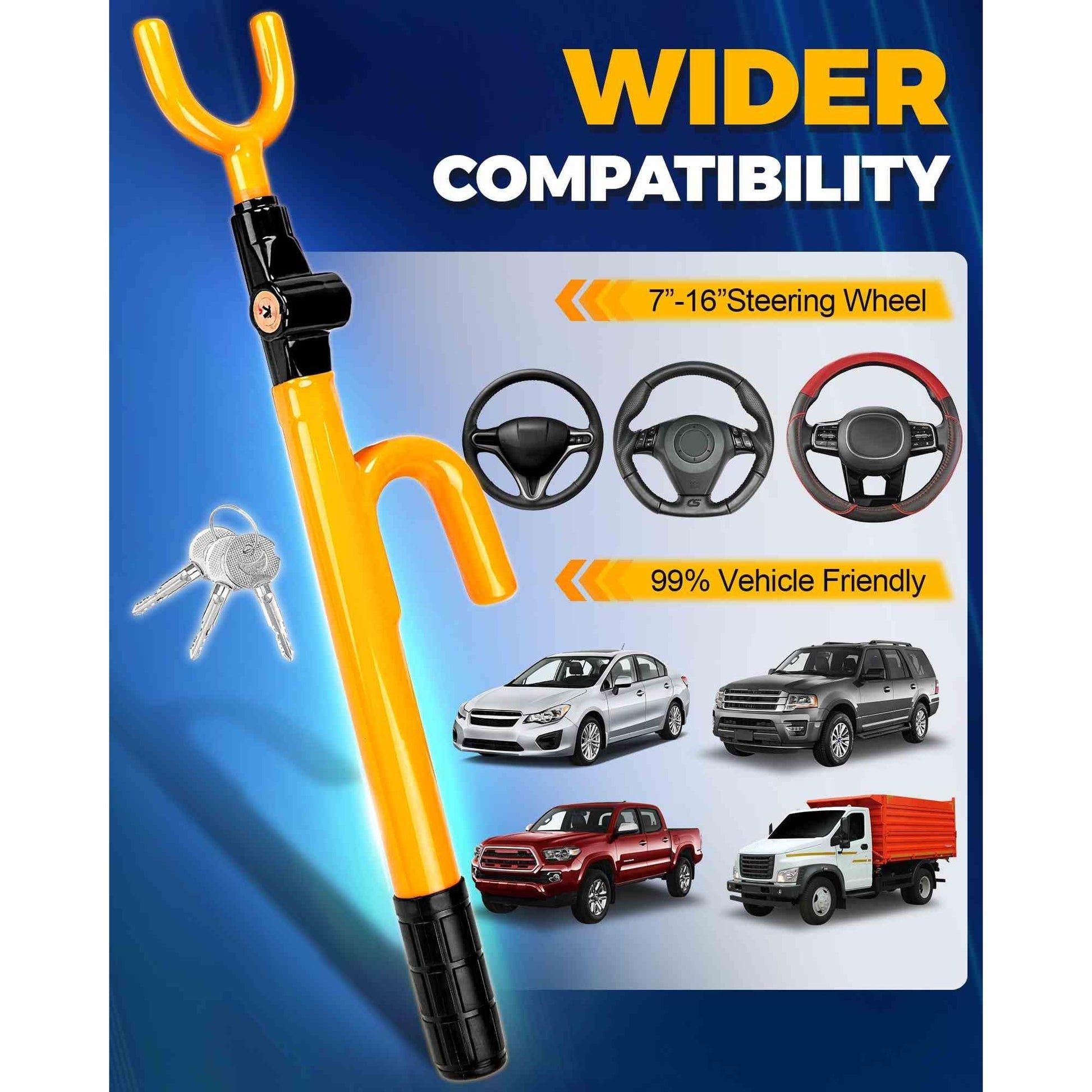 Tevlaphee Steering Wheel Lock - Anti Theft Device with Adjustable Car Wheel Lock, 3 Keys (Yellow) - Medaid International