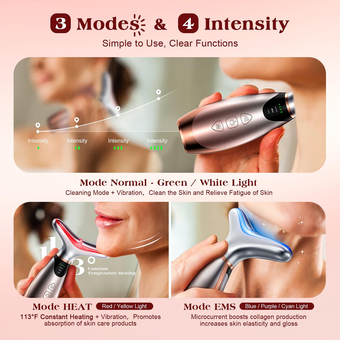 Pedete Facial Massager, 7 Colors Red Light Therapy for Face and Neck, Face Lift Device with 113°F Heating Vibration for Multi Skin Care - Medaid International