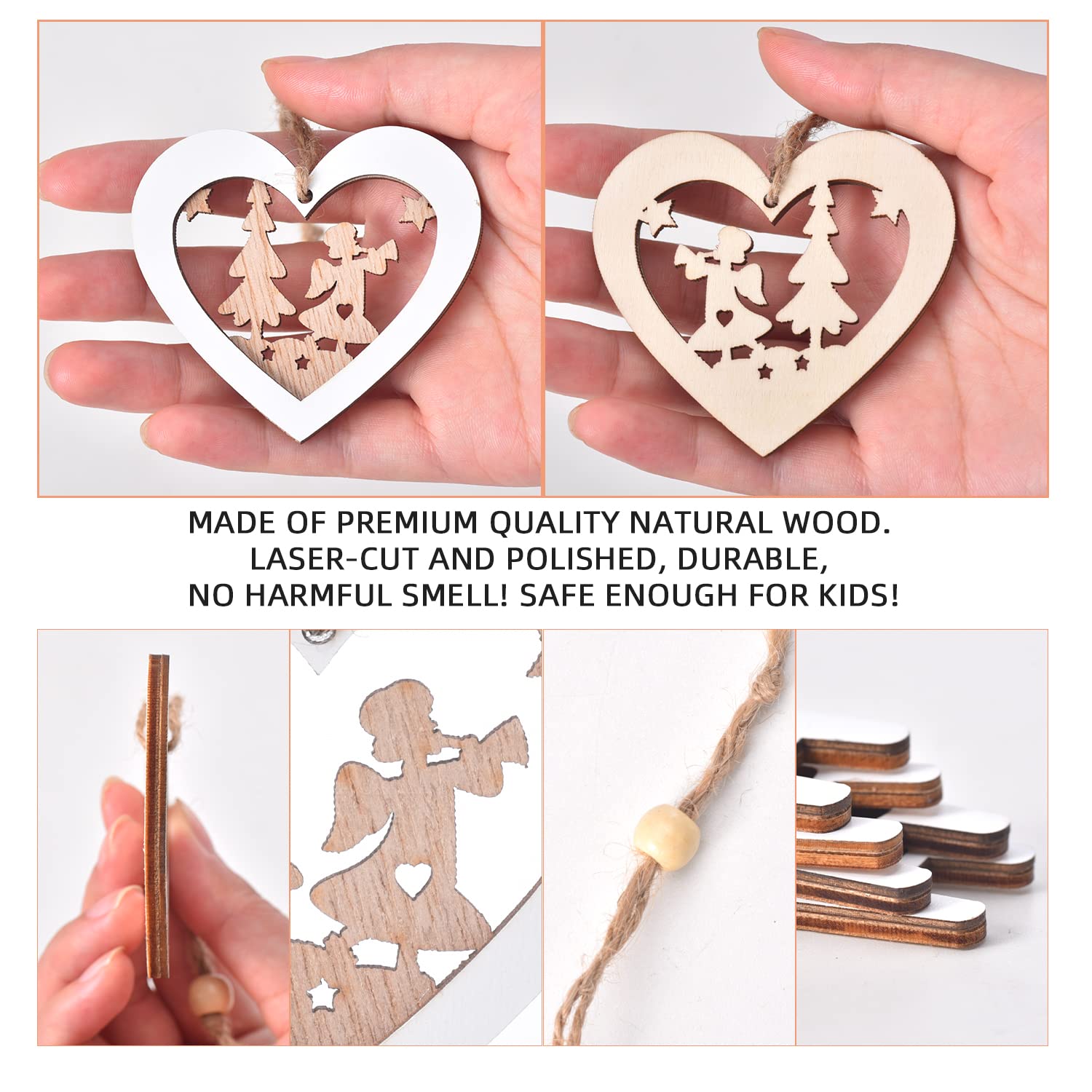 IDATOO Christmas Tree Ornaments Set of 24 Wooden Craved Hanging Craft Decorations for Winter Wonderland, 3D Rustic Farmhouse Christmas Ornaments Holiday Decor for Christmas Tree Home Office (White) - Medaid International
