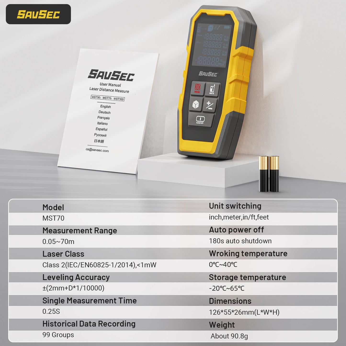 Laser Measuring Tool, SAVSEC 229Ft Digital Laser Measure Device with 4 Unit Switching, 1/16in Accuracy, Measuring Distance/Area/Volume/Pythagorean - Medaid International