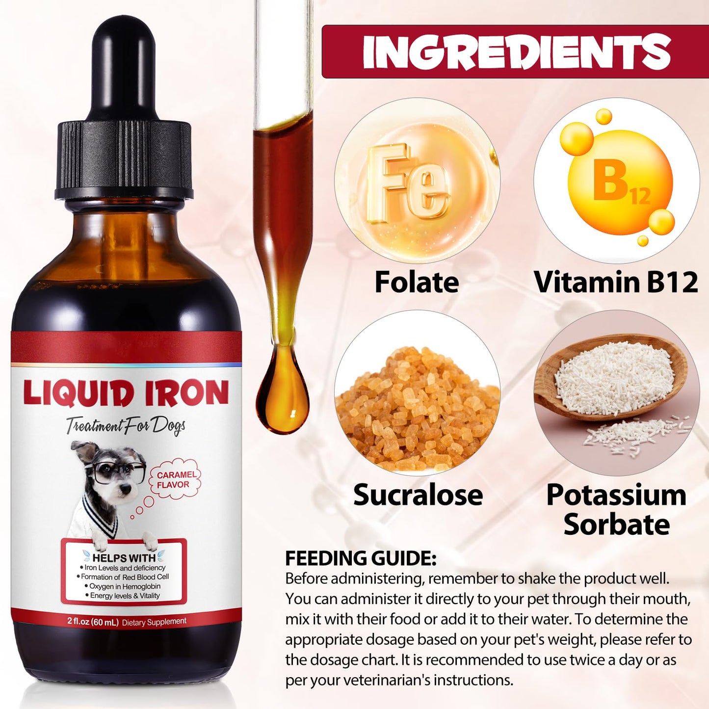 Iron Supplements for Dogs, Liquid Iron for Dogs with Folate and B12 Supports Anemia, Supplement for Anemia, Promotes Blood Health 2 oz - Medaid International