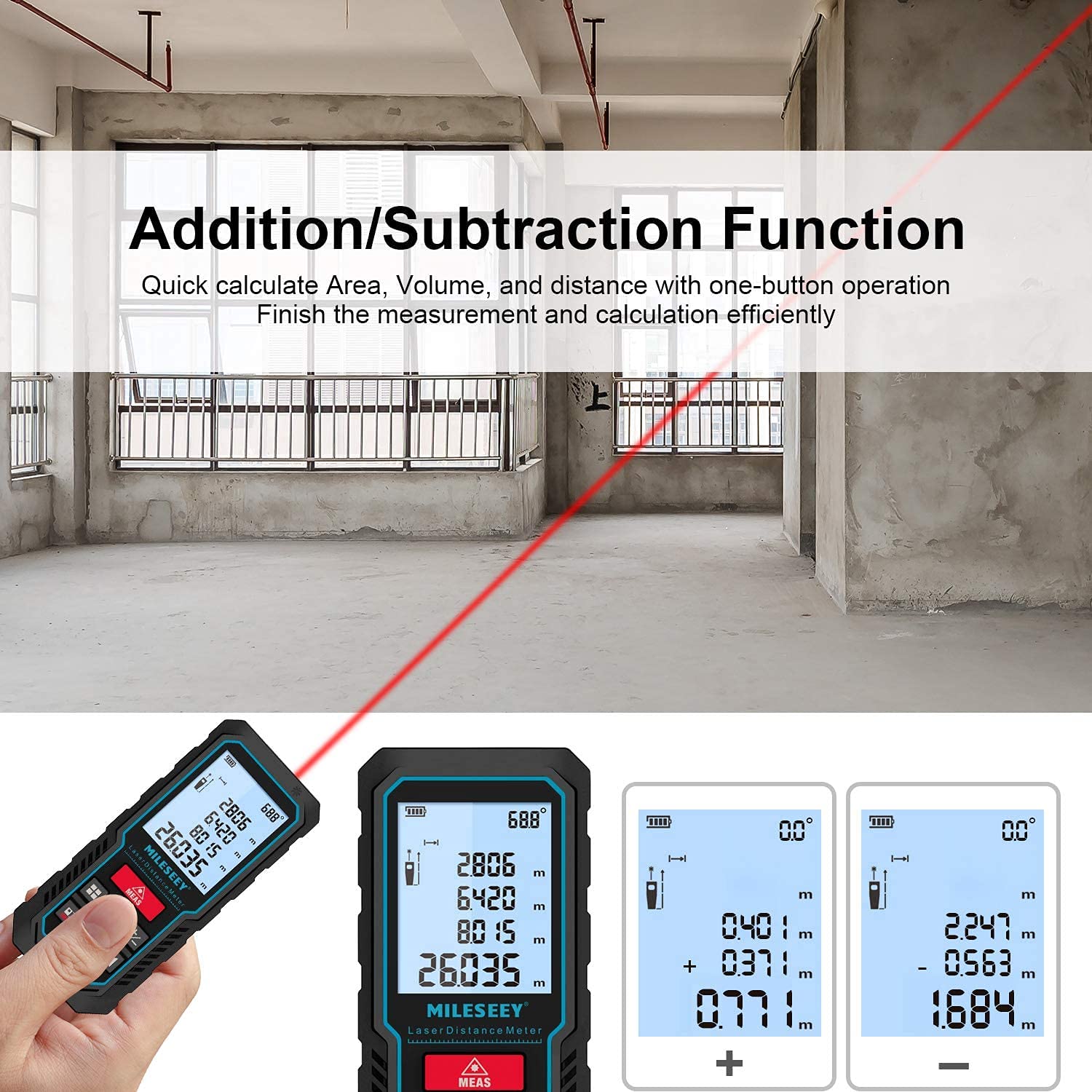 Laser Measure Device, MiLESEEY 229ft Digital Laser Tape Measure with Upgrade Electronic Angle Sensor, 2mm Accuracy, Area Measurement,Volume and Pythagoras, 2" LCD Backlit,Mute, Battery Included - Medaid International