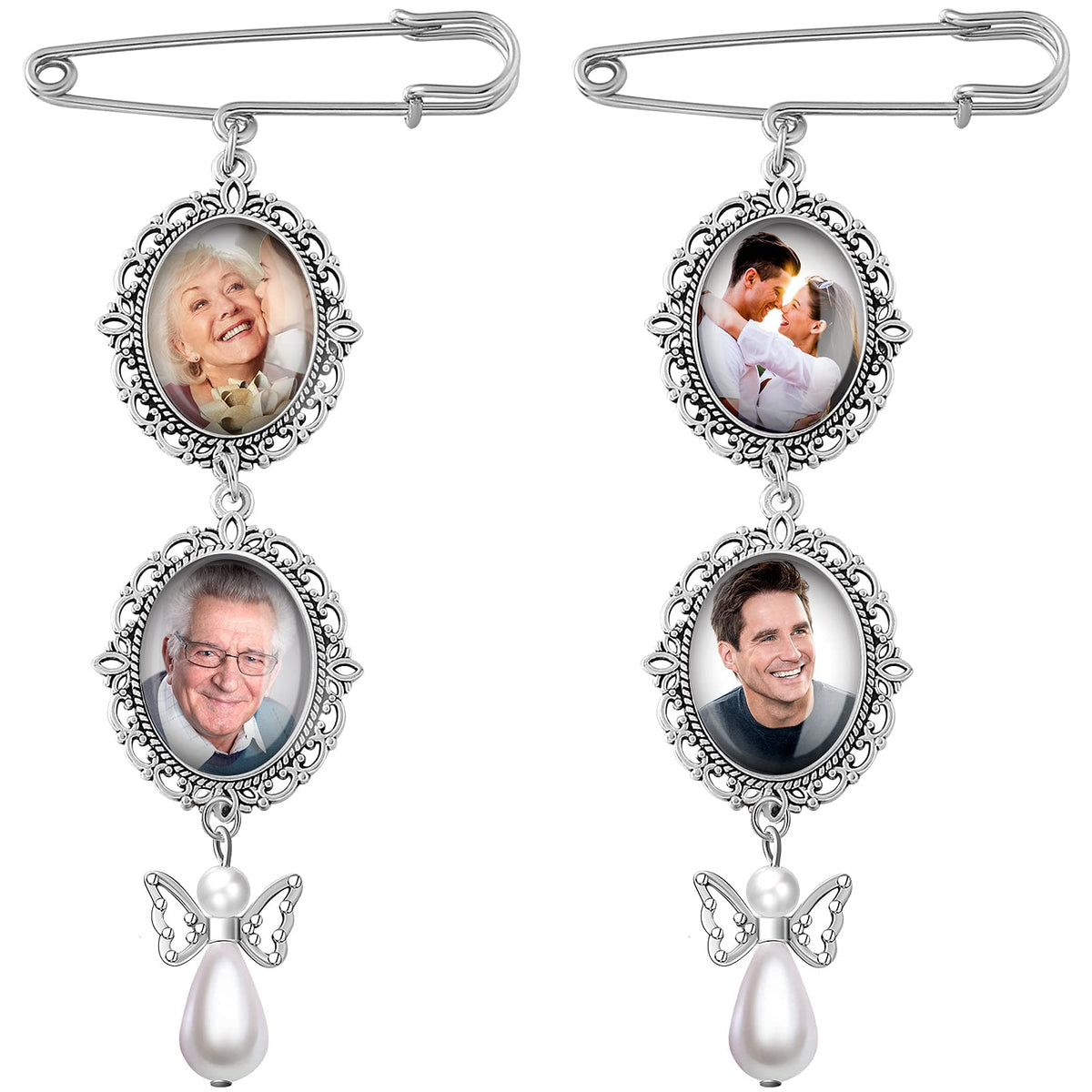 TERRIFI 2 Pcs Wedding Bouquet Photo Charm DIY Pin Brooch Making Kit Double Lacy Frame Wedding Charm 18 x 25 mm Oval Glass Cabochons Picture Frame with Pendant for Holiday Craft Use