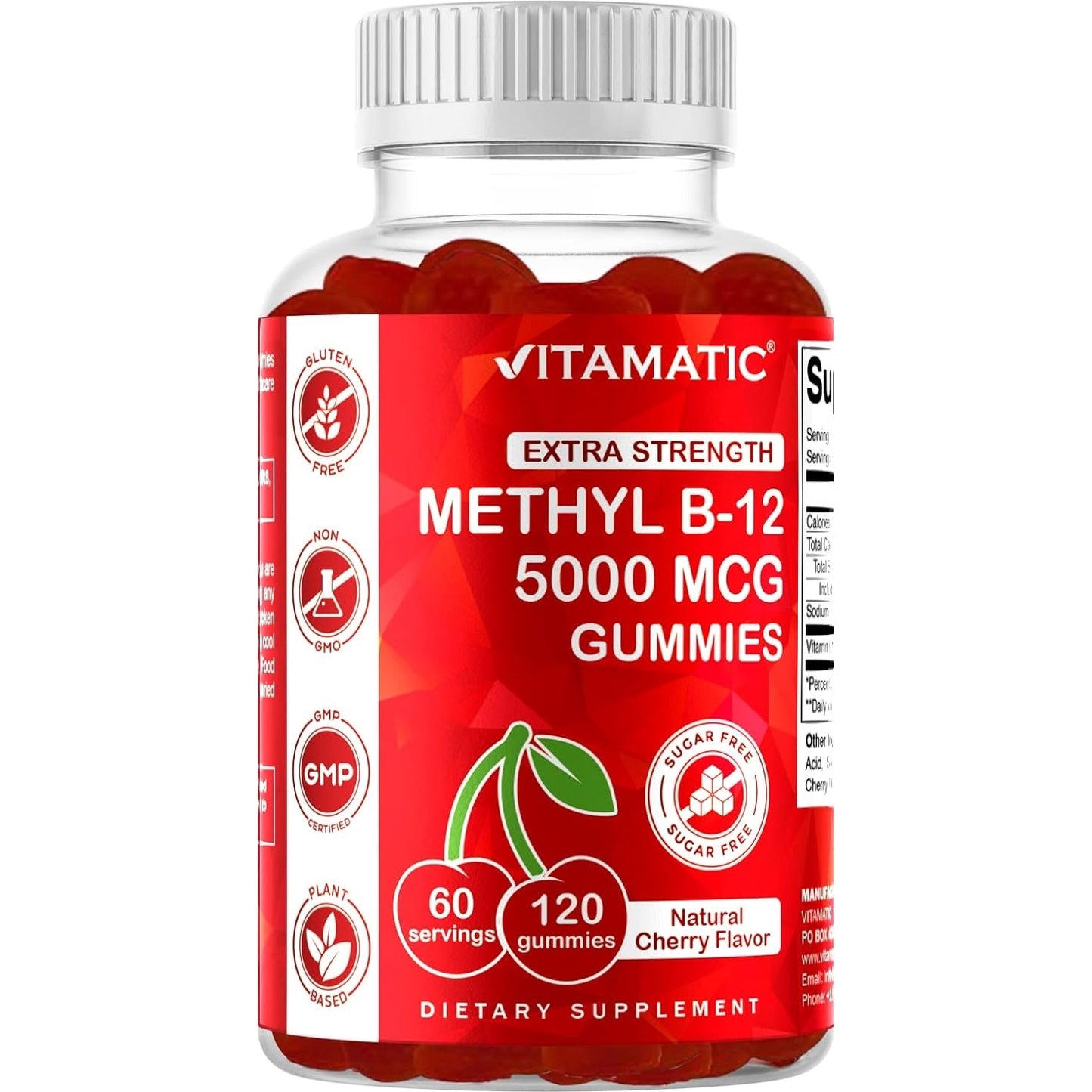 Vitamatic Extra Strength Vitamin B12 5000 mcg (Methyl B12) Gummies - 120 Count - Energy Metabolism Support and Nervous System Health Support, Natural Cherry Flavored (1) - Medaid International