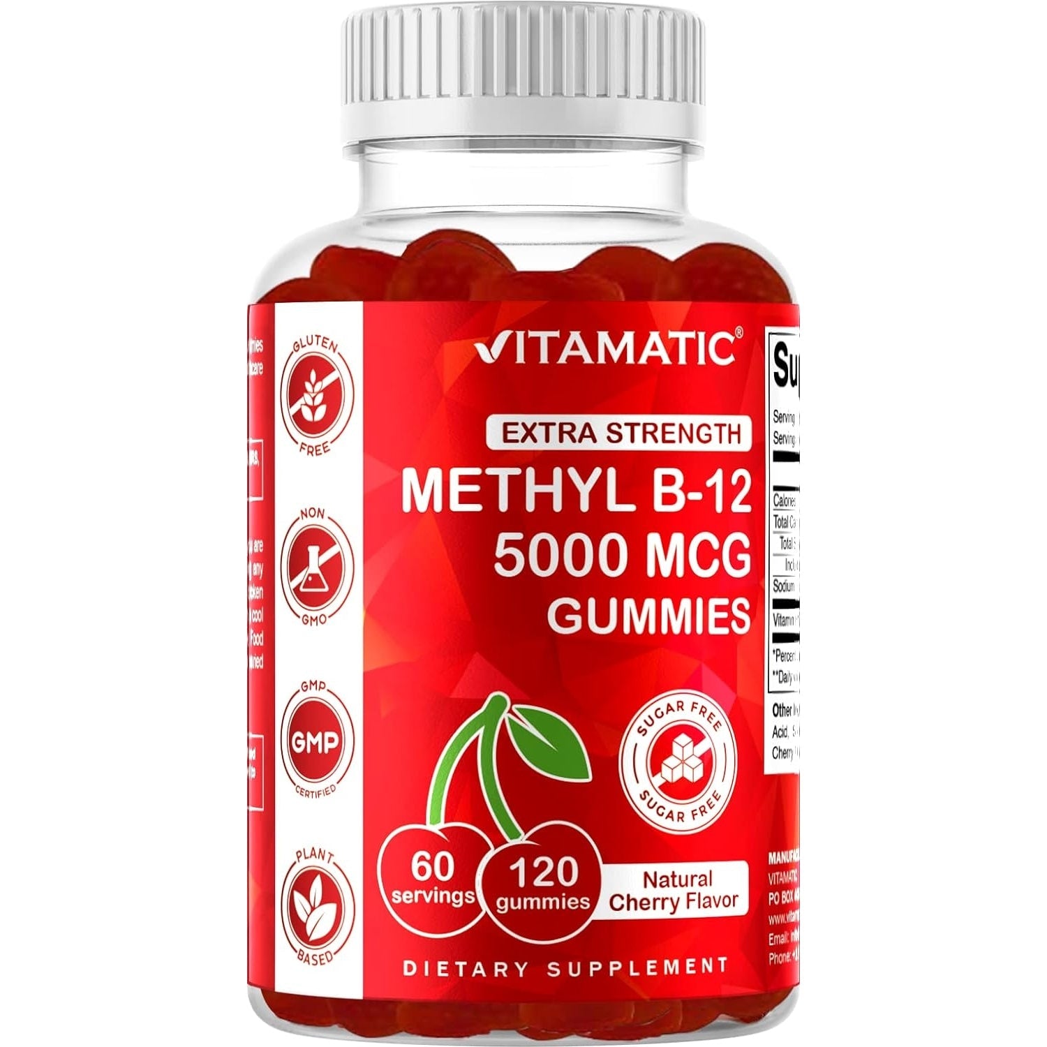 Vitamatic Extra Strength Vitamin B12 5000 mcg (Methyl B12) Gummies - 120 Count - Energy Metabolism Support and Nervous System Health Support, Natural Cherry Flavored (1) - Medaid International