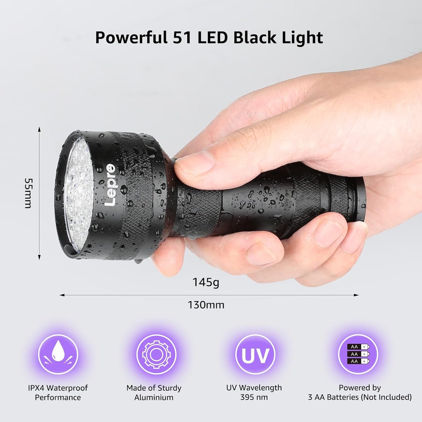 Lepro UV Flashlight, 51 LED UV Light Torch, Black-light Lights, 395nm Ultraviolet Flashlight, Blacklight Detector for Pet Urine, Stain, Bed Bugs, Scorpions, Banknote and More (Batteries Not Included)