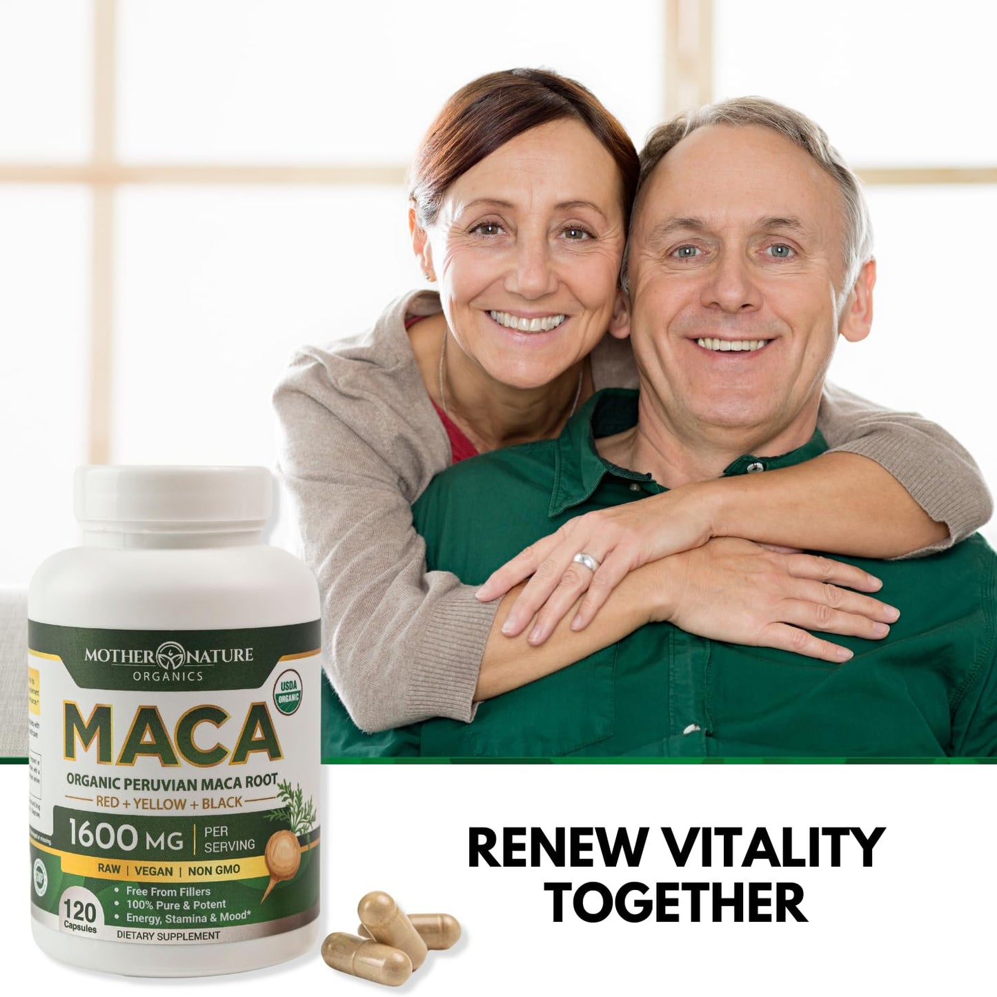 Mother Nature Organic Maca Root Capsules – 1600mg, 120 Vegan Capsules – Non GMO Peruvian Yellow, Red & Black Maca for Men & Women - Energy, Hormone, Brain & Weight Well-Being - Medaid International