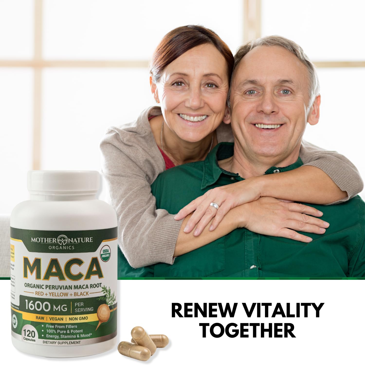 Mother Nature Organic Maca Root Capsules – 1600mg, 120 Vegan Capsules – Non GMO Peruvian Yellow, Red & Black Maca for Men & Women - Energy, Hormone, Brain & Weight Well-Being - Medaid International