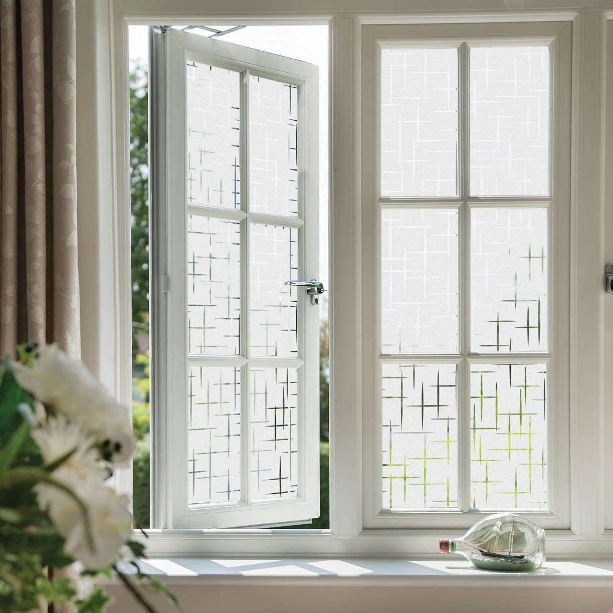 Finnez Frosted Window Film Non-Adhesive, Frosting Privacy Film for Glass Windows, Self Static-Cling Decorative Window Cling for Home Office UV Protection Cross Pattern 17.5 x 78.7 inches - Medaid International