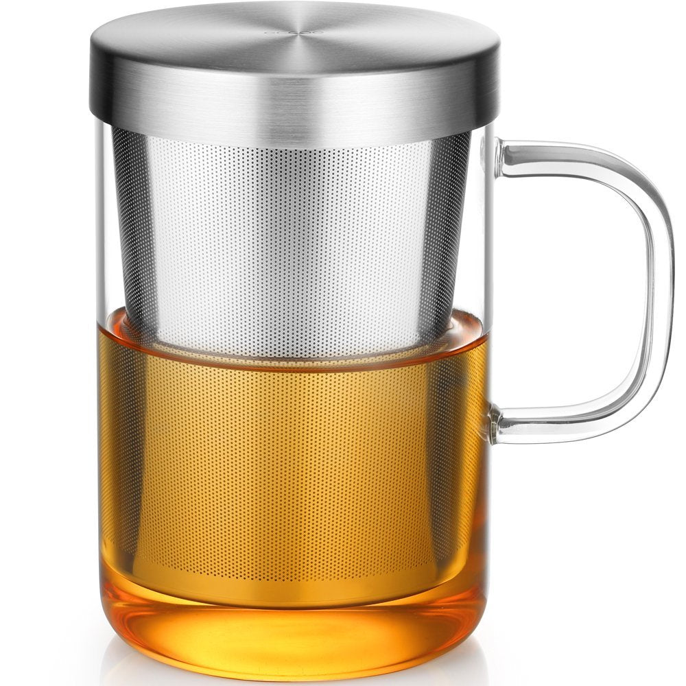 KASTWAVE 16.9oz Borosilicate Glass Tea Mug - Loose Leaf Tea Cup with Stainless Steel Infuser & Lid, Heat Resistant Glass Teacup (430 ml-Use Capacity)