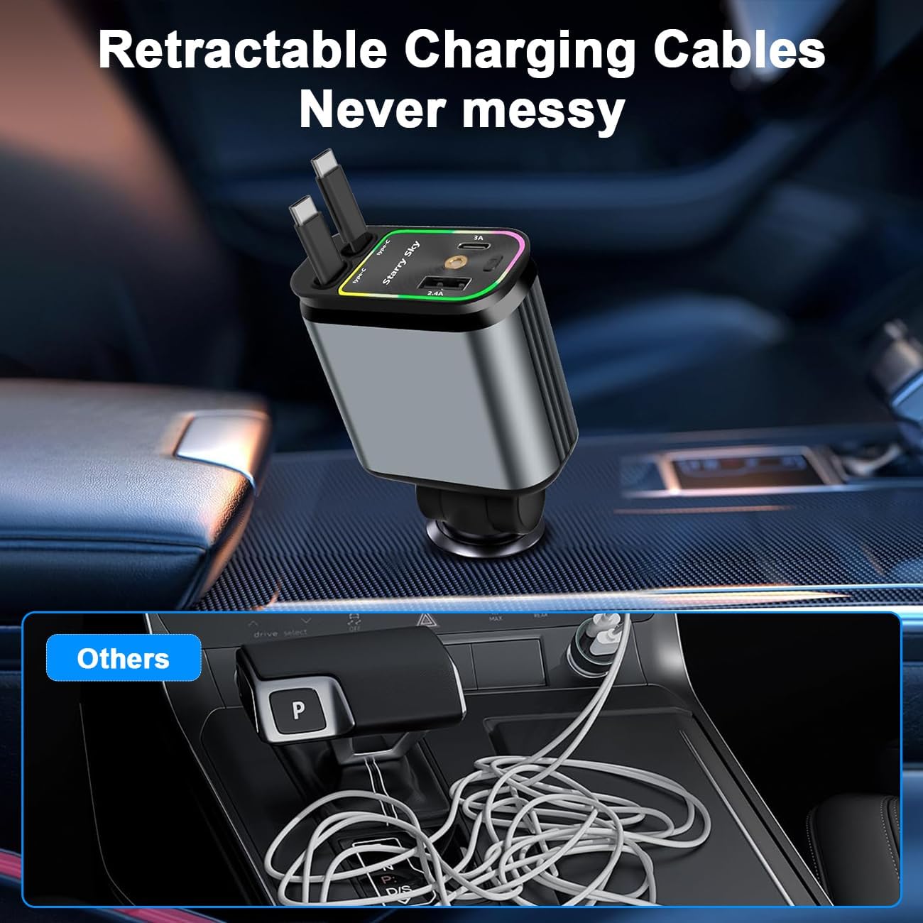 4-in-1 Retractable Car Charger with Star Light Cables – Fast Charging for iPhone, Galaxy & USB-C Devices