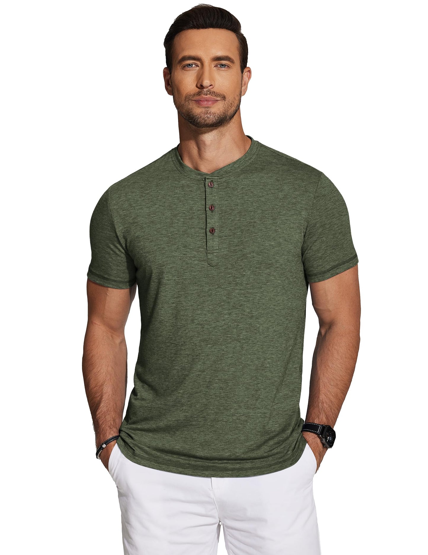COOFANDY Men's Henley Short Sleeve Shirts Casual Button Henley Basic Tee Solid Fashion Shirts Dark Green - Medaid International