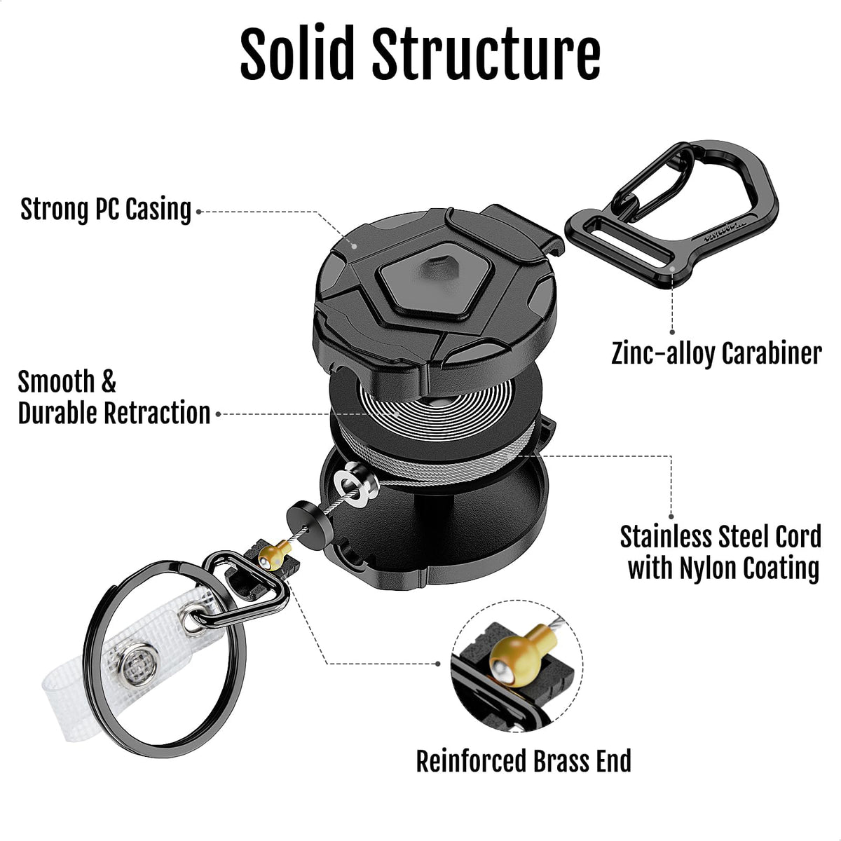 KASTWAVE Retractable Keychain, Heavy Duty Carabiner Badge Holder, Tactical ID Badge Reel with 31.5¡± Steel Retractable Cord, 8.0 oz 2 Pack