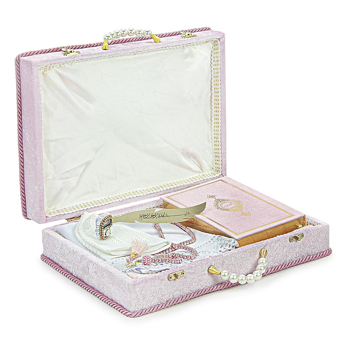 ihvan online Muslim Prayer Rug Set, Islamic Dowry Gift Box for Men & Women, Shawl, Kufi Hat, Digital Beads Counter, Quran Gift, Elegant Islamic Gifts Set for Ramadan & Eid & Wedding, Pink - Medaid International