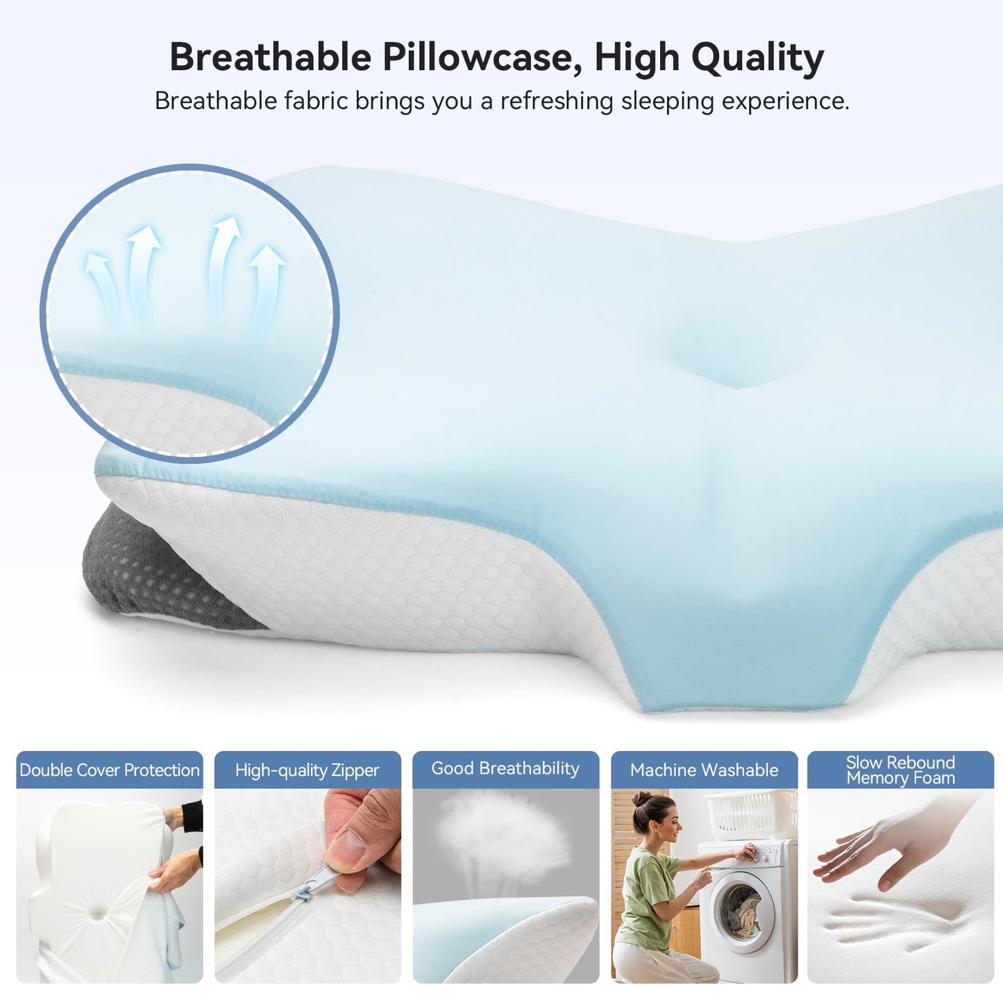 Zmarthumb Cervical Neck Pillow for Pain Relief- Memory Foam Orthopedic Pillow, Ergonomic Contour Pillows for Side/Back/Stomach Sleepers, Adjustable Height with Breathable Pillowcase(Grey) - Medaid International