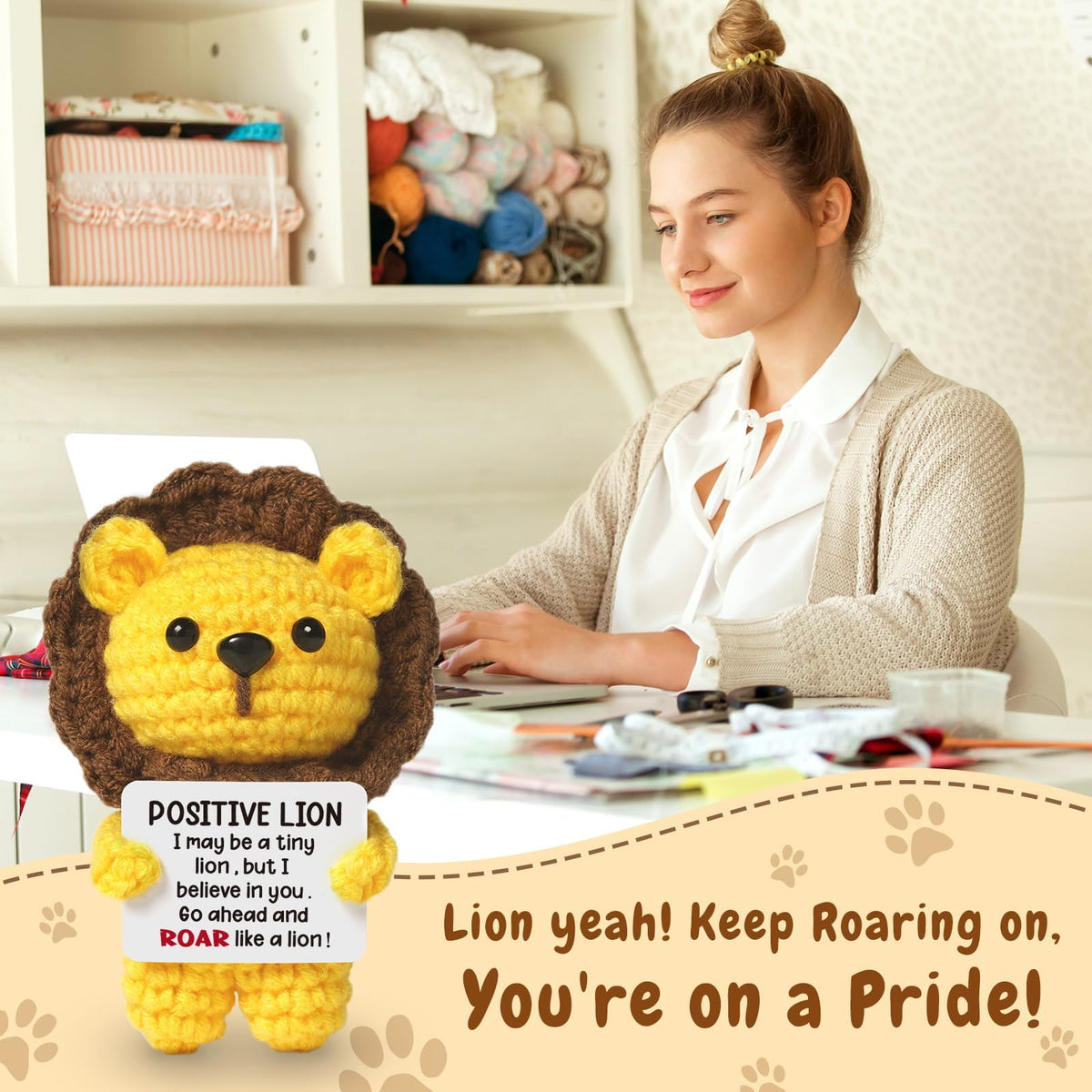 KASTWAVE Mini Positive Crochet Lion Doll, Handmade Emotional Support Crochet Inspirational Cheer Up Gifts, Inspirational Birthday Gift for Girlfriend Gifts, Coworker, Employee, Boss Gift