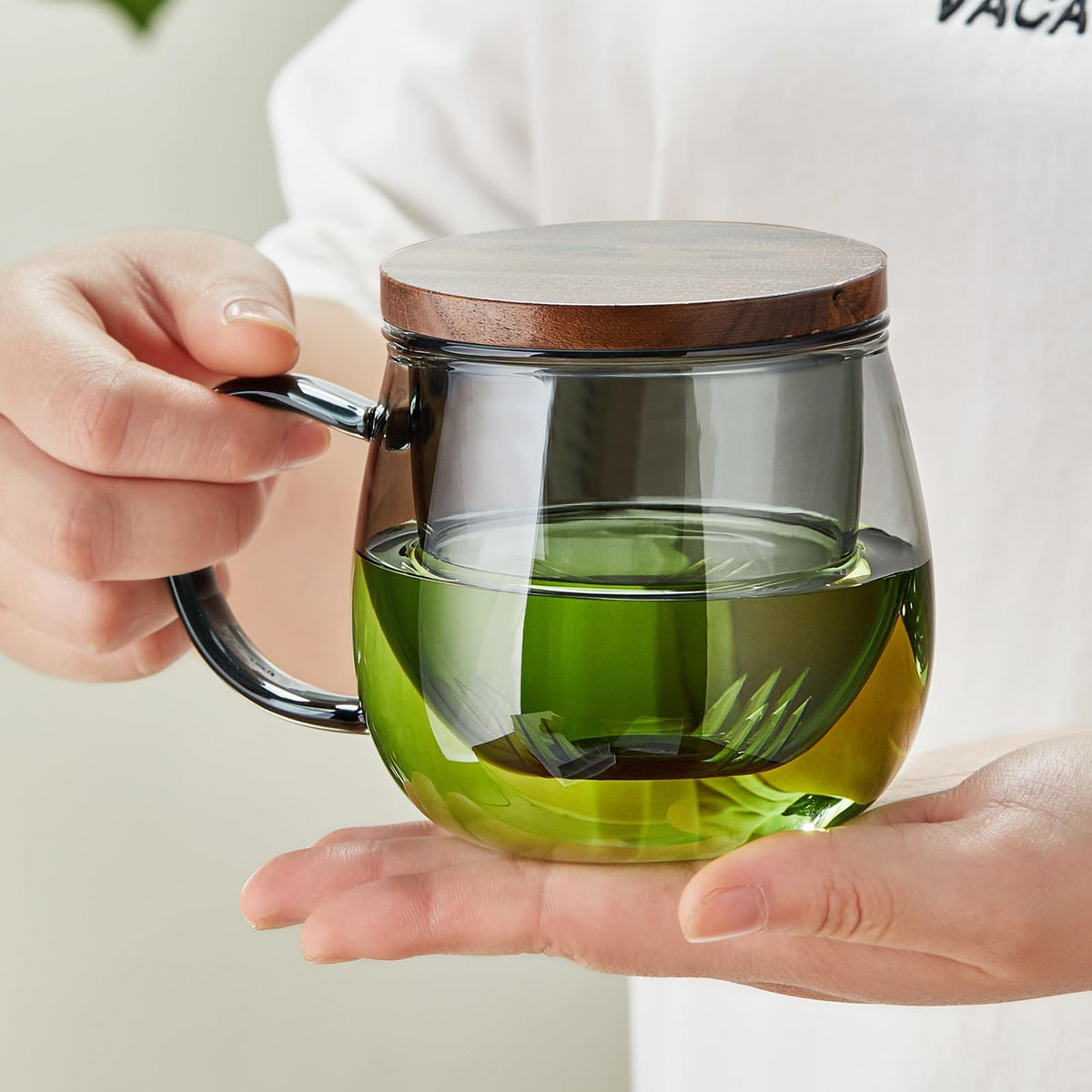 KASTWAVE 17oz (500ml) Borosilicate Glass Tea Cup with Infuser & Lid - Large Clear Mug for Loose Leaf & Blooming Tea, Tea Bags, Tea Bags - Perfect Christmas or Birthday Gift