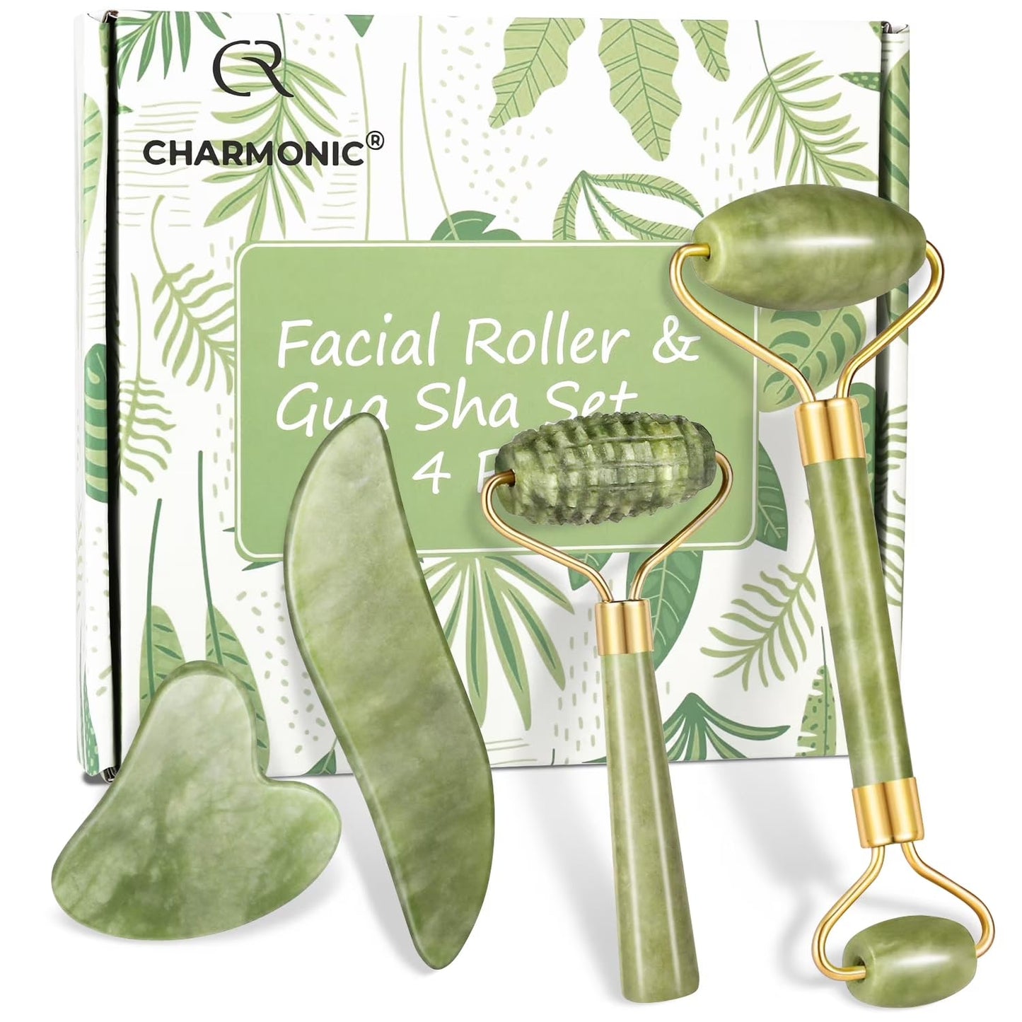 4-pcs Jade Roller & Gua Sha Set, Facial Roller Massager with Gua Sha Scraping Tool, Jade Stone Massager for Anti-aging, Slimming & Firming, Rejuvenate Face and Neck, Remove Wrinkles & Eye Puffiness - Medaid International