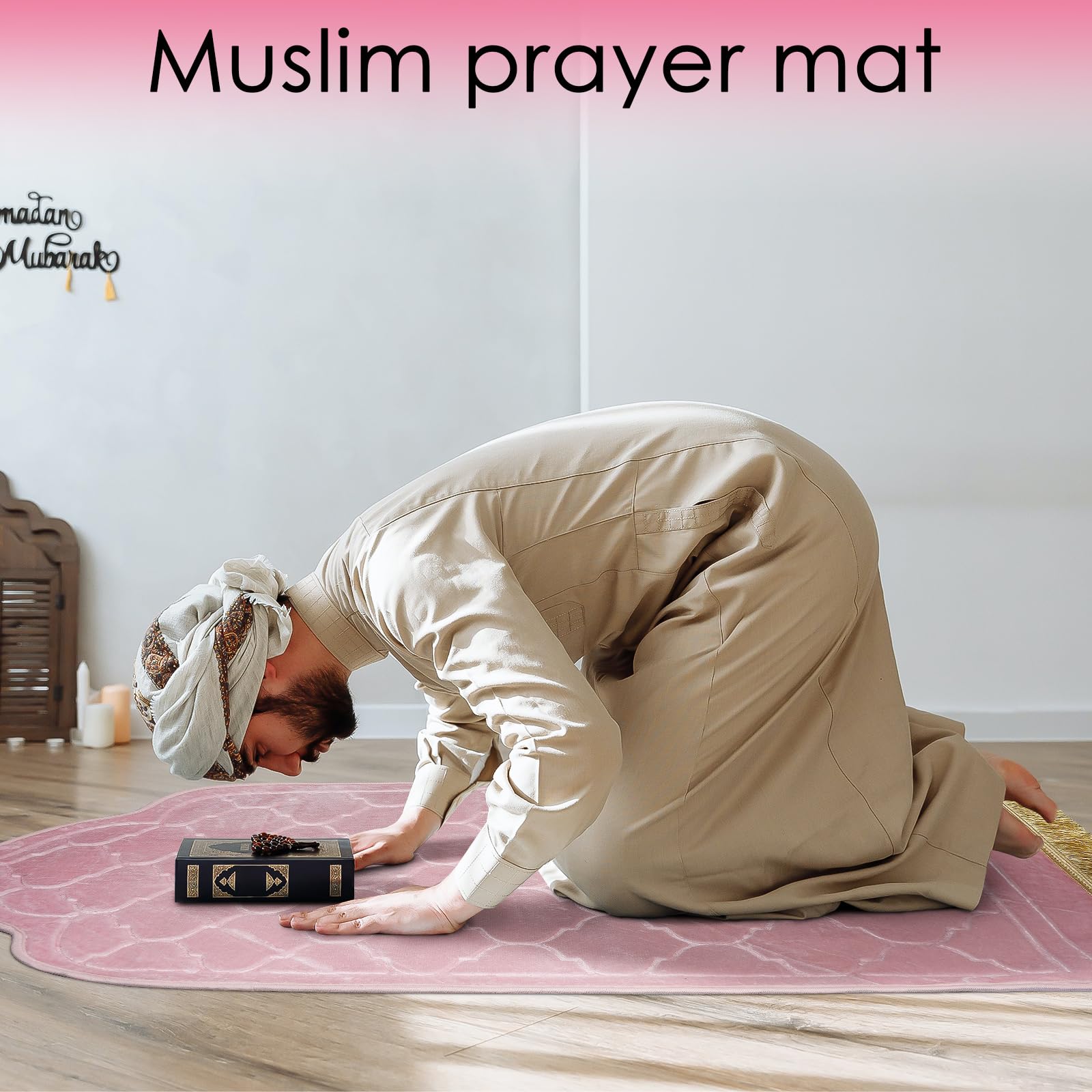 Biiange Pink Flannel Muslim Prayer Mat, Soft Foldable Salah Rug for Travel, Portable Janamaz for Men & Women - Medaid International
