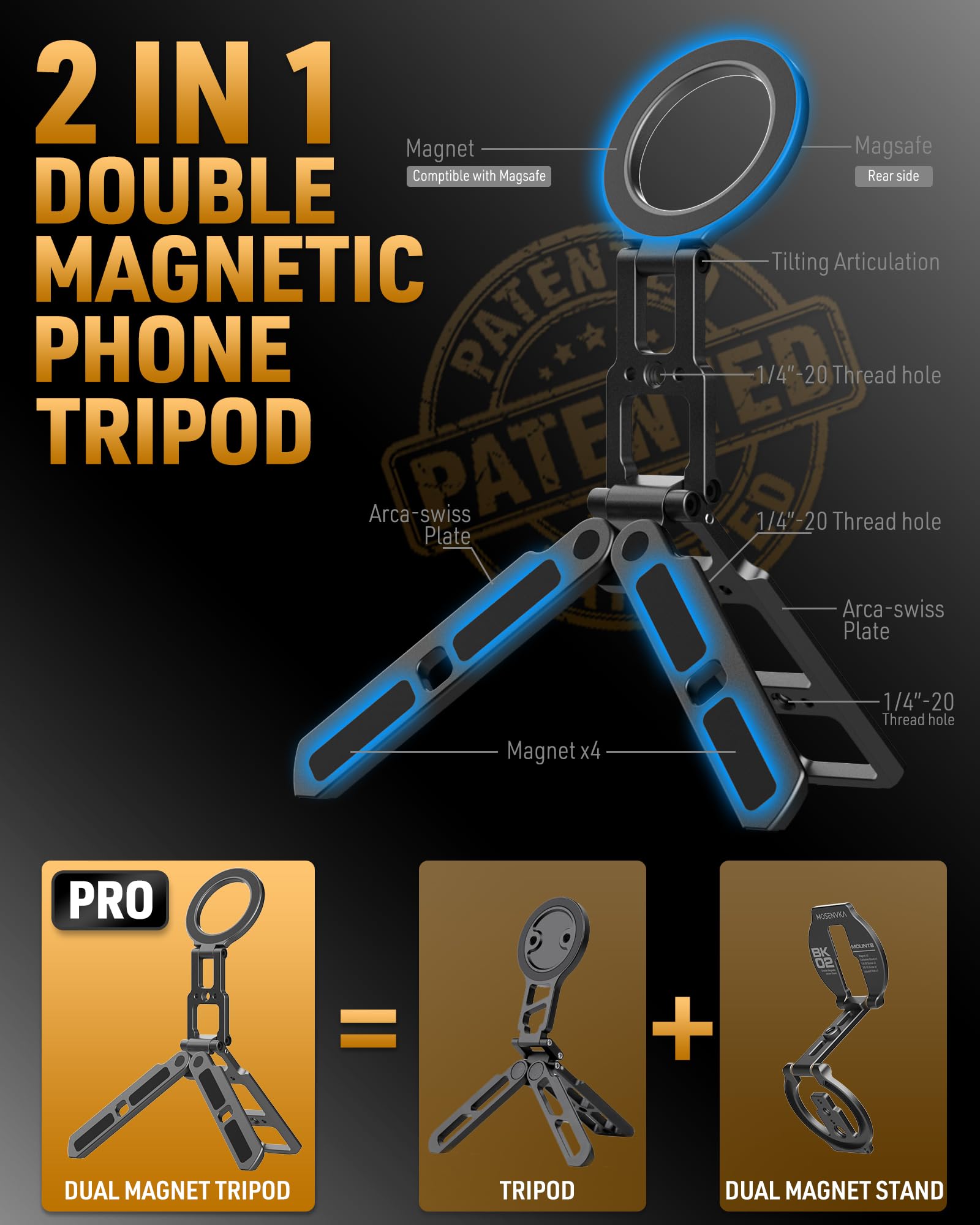 MOSENVKA Dual Magnetic Phone Tripod Foldable Double Magnet Mount Pocket Cell Phone Stand for iPhone 16/15/14/13/12 Plus Max for Ipad Travel Gym Magnetic Tripod [US Patent Registered] - Medaid International