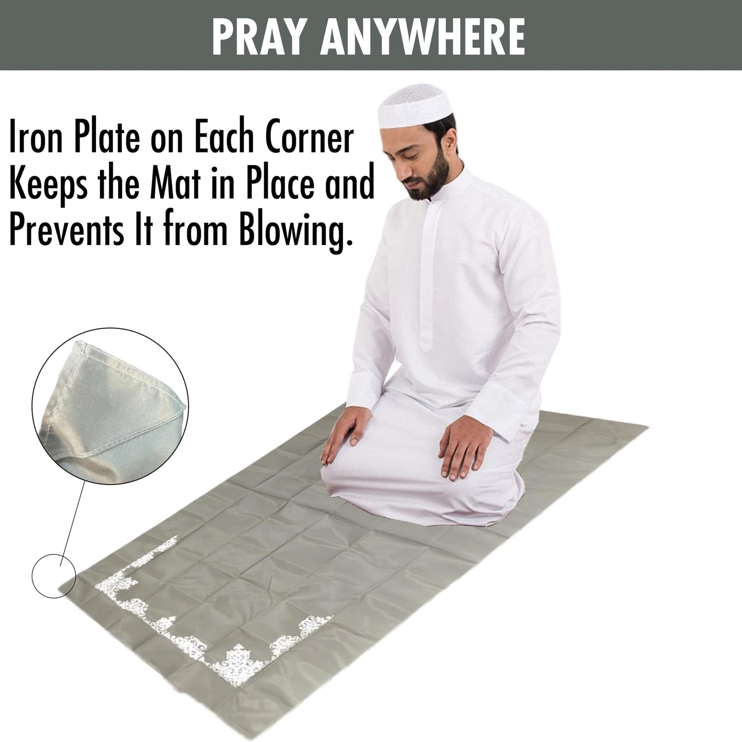 Portable Travel Praying Mat,23.6 in x 43.3 in Muslim Prayer Rug, Foldable Prayer Mat, Pocket Size Waterproof Praying Mat with Iron Corners, Ramadan Eid Gift, Grey - Medaid International