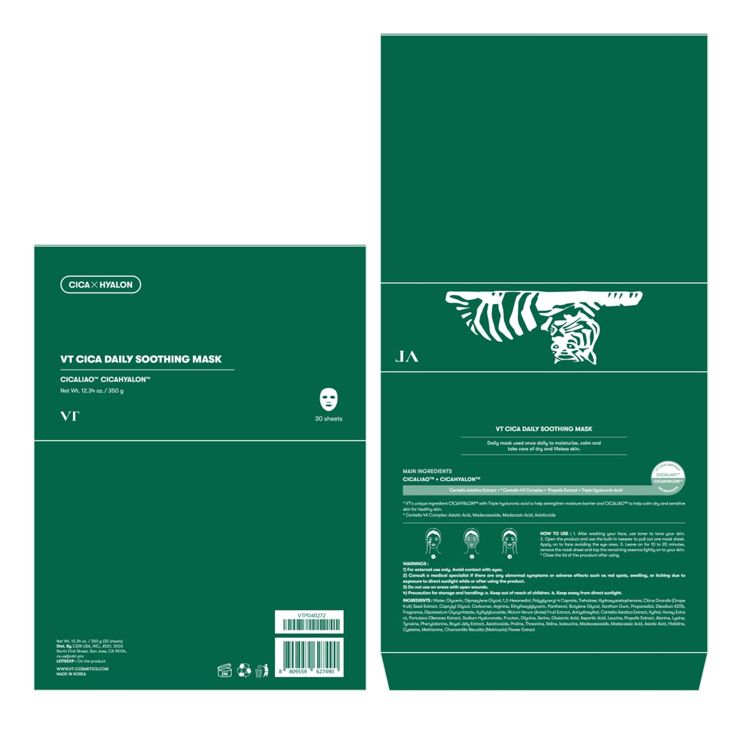 VT COSMETICS CICA Daily Soothing Mask 30 Sheets, Centella Asiatica & Hyaluronic Acid for Moisturizing & Hydrating, Instant Calm & Glow, Skin Softening Facial Mask, Korean Face Mask - Medaid International