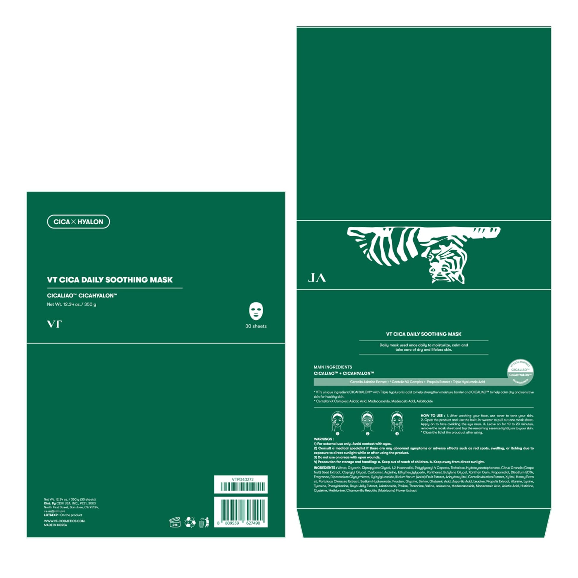 VT COSMETICS CICA Daily Soothing Mask 30 Sheets, Centella Asiatica & Hyaluronic Acid for Moisturizing & Hydrating, Instant Calm & Glow, Skin Softening Facial Mask, Korean Face Mask - Medaid International