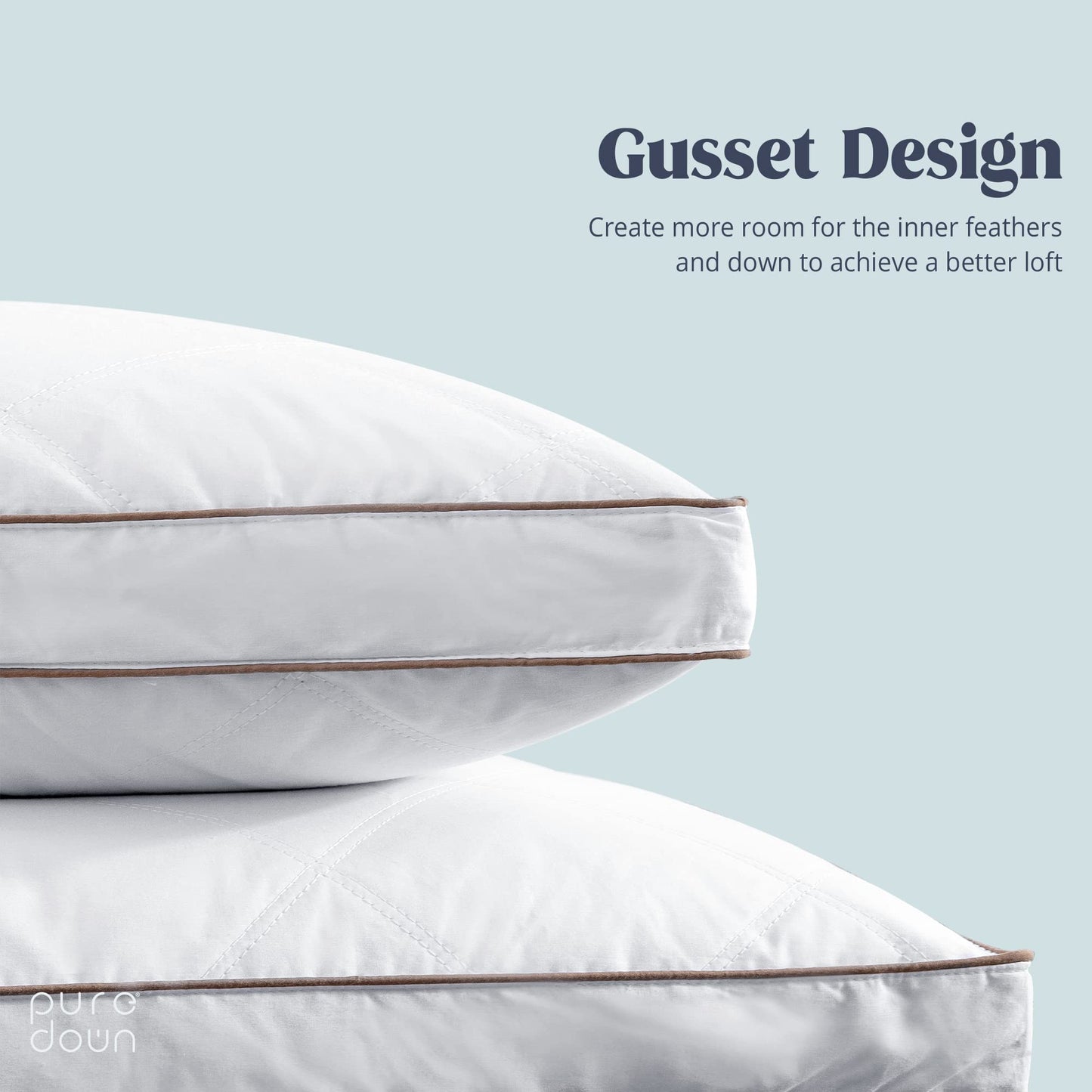 puredown® Goose Feathers and Down Pillow for Sleeping Hotel Collection Bed Pillows, Gusseted, Standard/Queen, Set of 2 - Medaid International