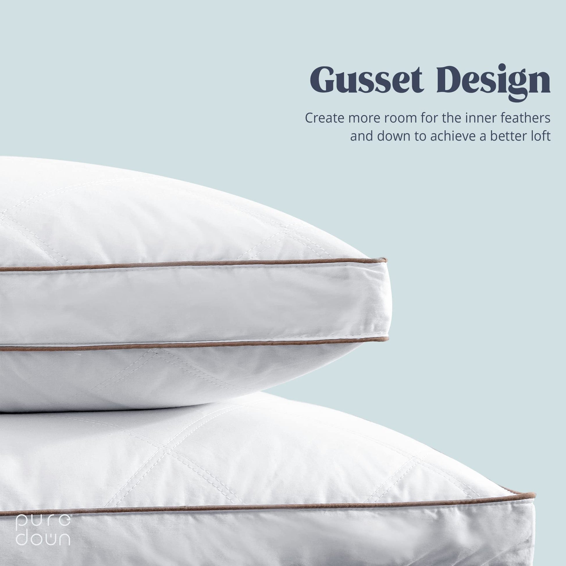 puredown® Goose Feathers and Down Pillow for Sleeping Hotel Collection Bed Pillows, Gusseted, Standard/Queen, Set of 2 - Medaid International