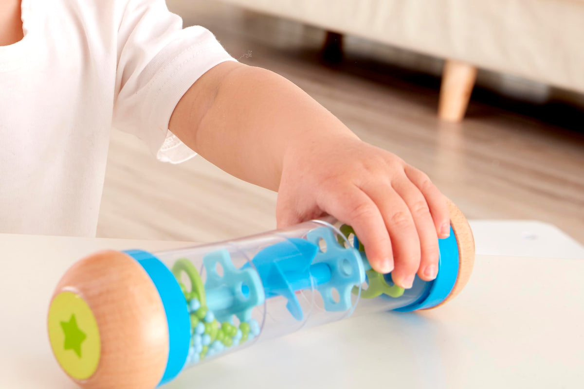 Hape Beaded Raindrops | Mini Wooden Musical Shake & Rattle Rainmaker Toy, Blue,E0328B