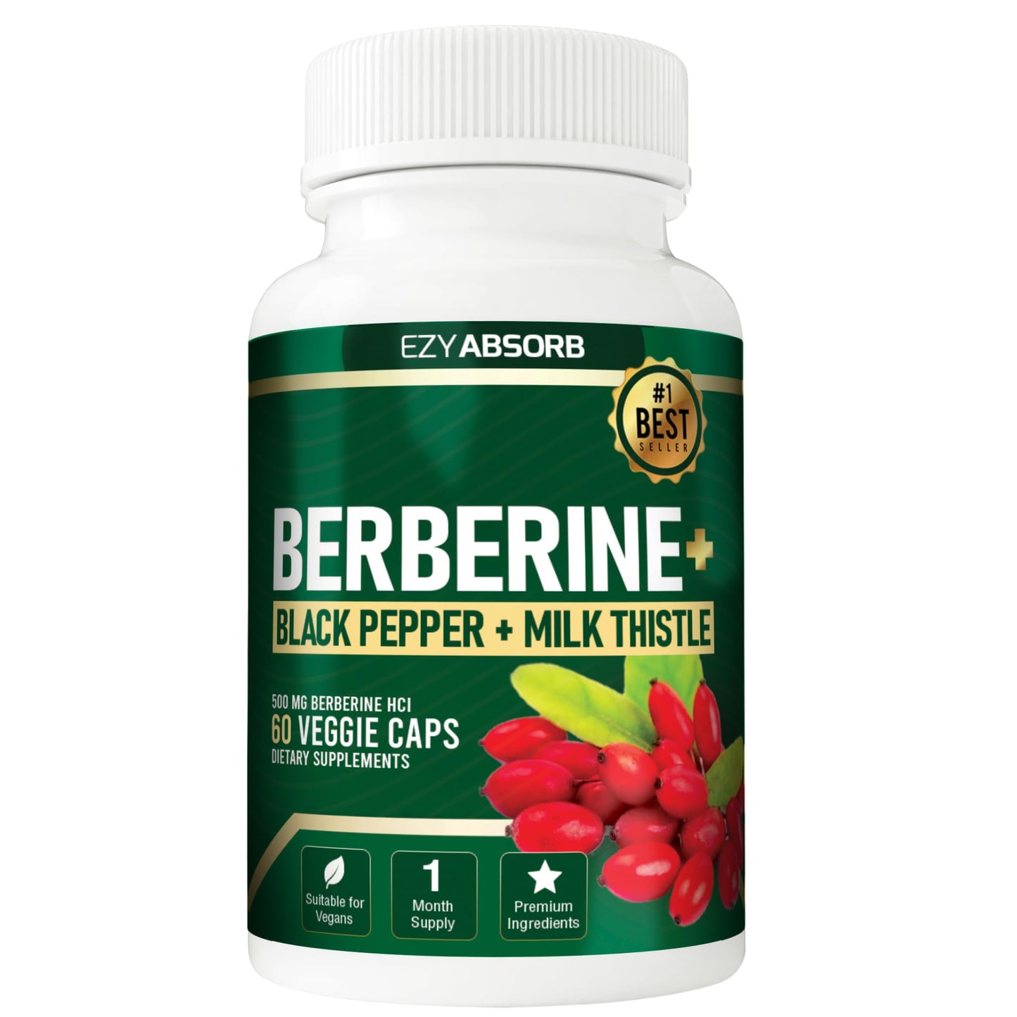 EzyAbsorb Gluten-Free Berberine 500mg, 60 Veggie Capsule w/LA-3 AMPK Metabolic Activator - Medaid International