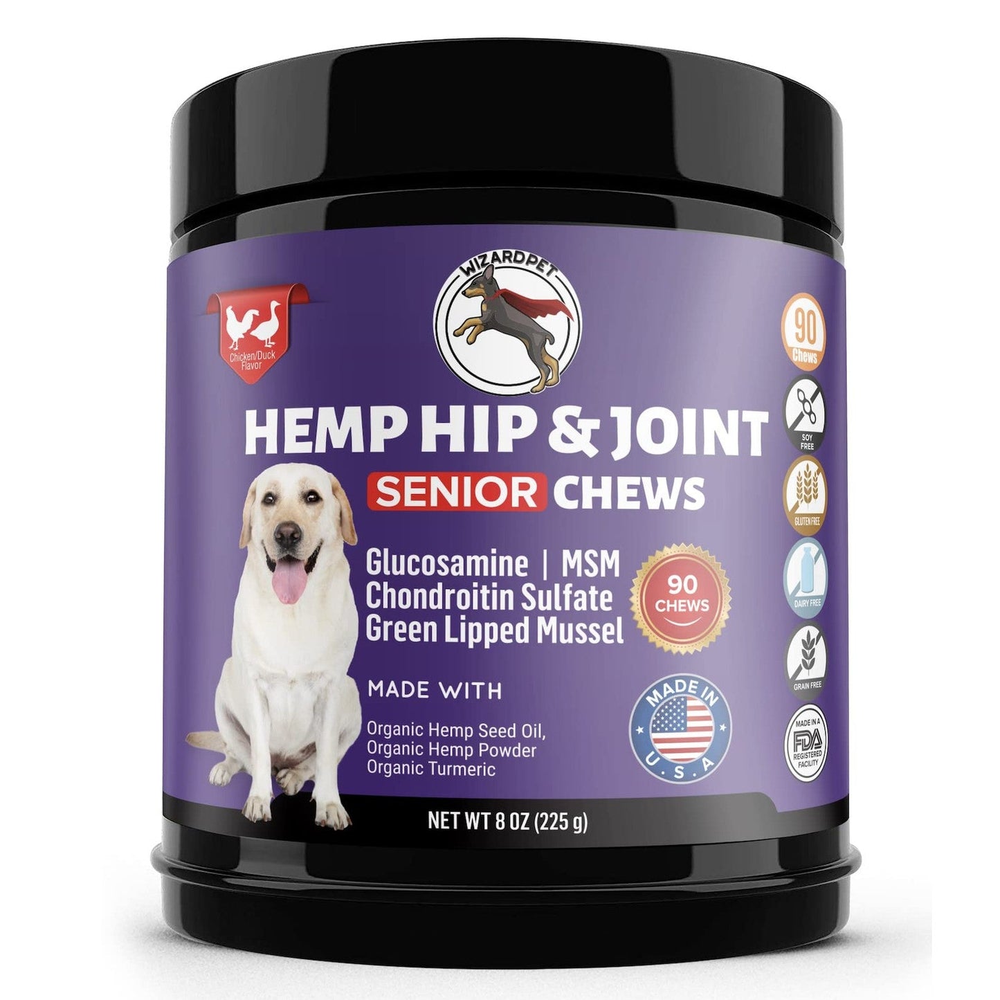 WIZARDPET Mobility Hemp Oil Hip & Joint Supplement for Senior Dogs Chondroitin Glucosamine MSM Turmeric Green Lipped Mussel Extra Strength Formula for Dog 90 Chews