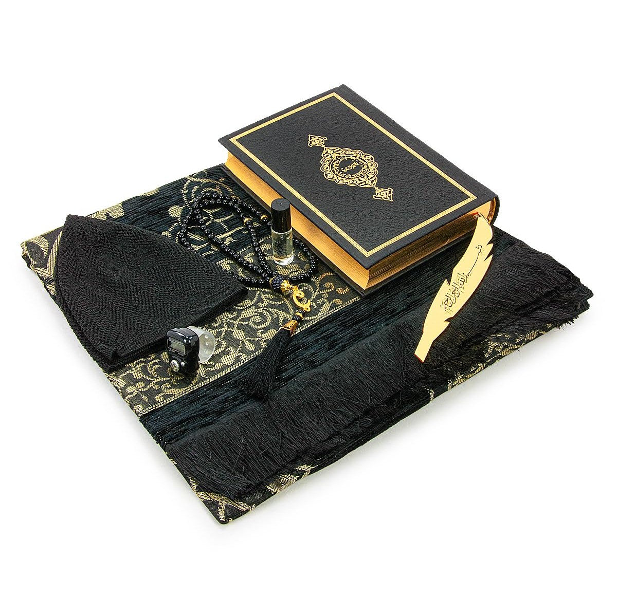 ihvan online, Muslim Prayer Rug Set, Arabic Quran, Prayer Beads, Mens Kufi Hat, Tasbeeh Counter, Islamic Scent, Dowry Gift Box for Men & Women, Janamaz, Salah Mat Gifts Set Wedding, Ramadan, Black - Medaid International