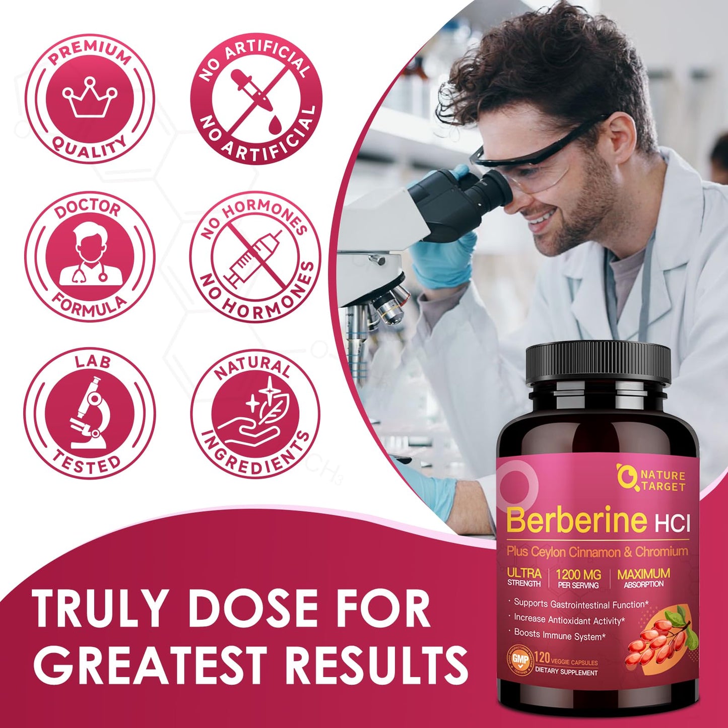 NATURE TARGET Berberine HCl 1200mg, Berberine Supplement with Ceylon Cinnamon, Chromium - Supports Immune, Gastrointestinal & Heart Health, Non-GMO, 120 Capsules - Medaid International