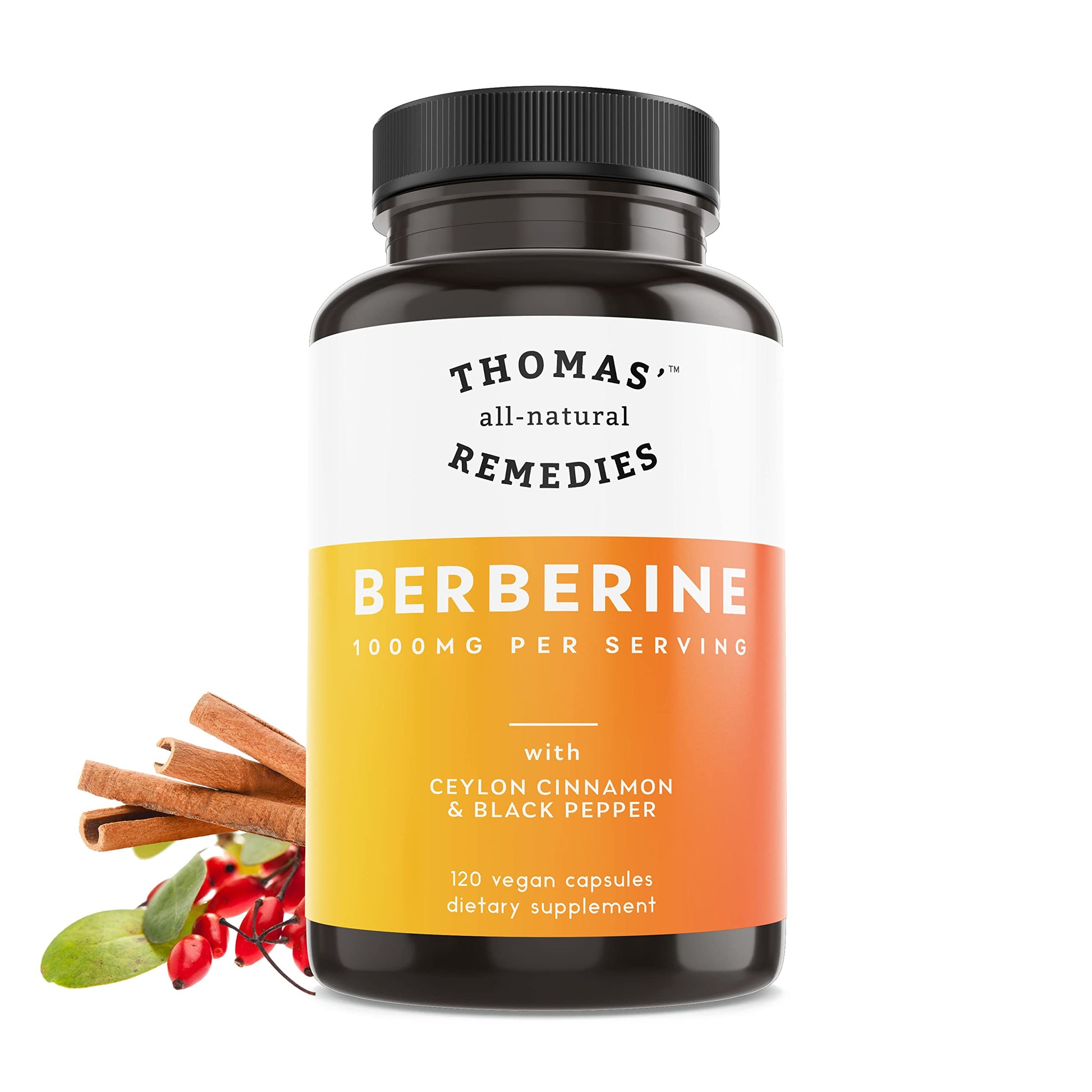 Thomas' all-natural Remedies Berberine 500mg (1000mg Per Serving)- 120 Vegan Capsules- with Ceylon Cinnamon & Black Pepper- Supports Healthy Immune Function & Overall Wellness - Medaid International