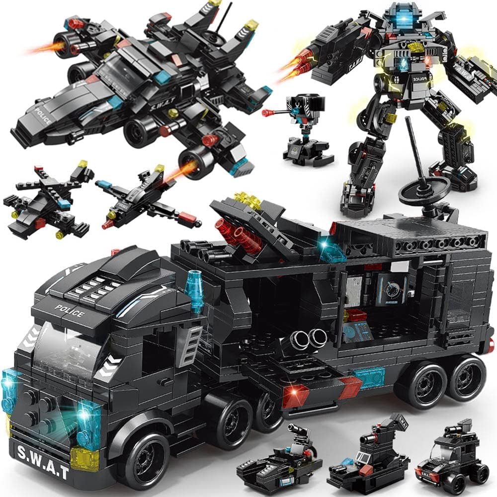 KASTWAVE City Police Station Building Kit, Building Block Robot 27 in1 SWAT Police Command Truck Building Kit for Kids City Helicopter Bricks Kit Educational Toys for Boy 6-12 Years Old 585PCS