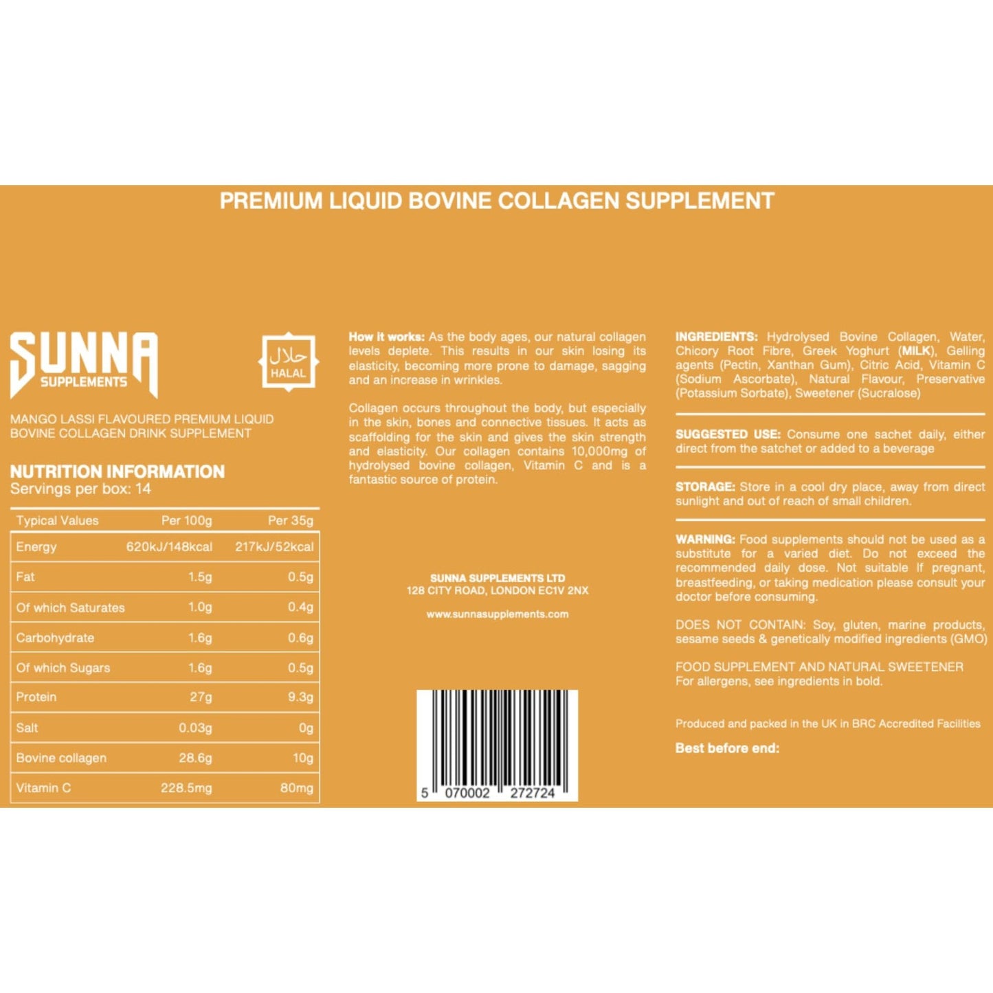 SUNNA SUPPLEMENTS - Halal Mango Lassi Collagen Drink with Vitamin C - 10000mg Bovine Liquid Collagen Peptides Women and Men - Hydrolysed Collagen Liquid Suitable for Everyone - 14 Sachets (35ml Each) - Medaid International