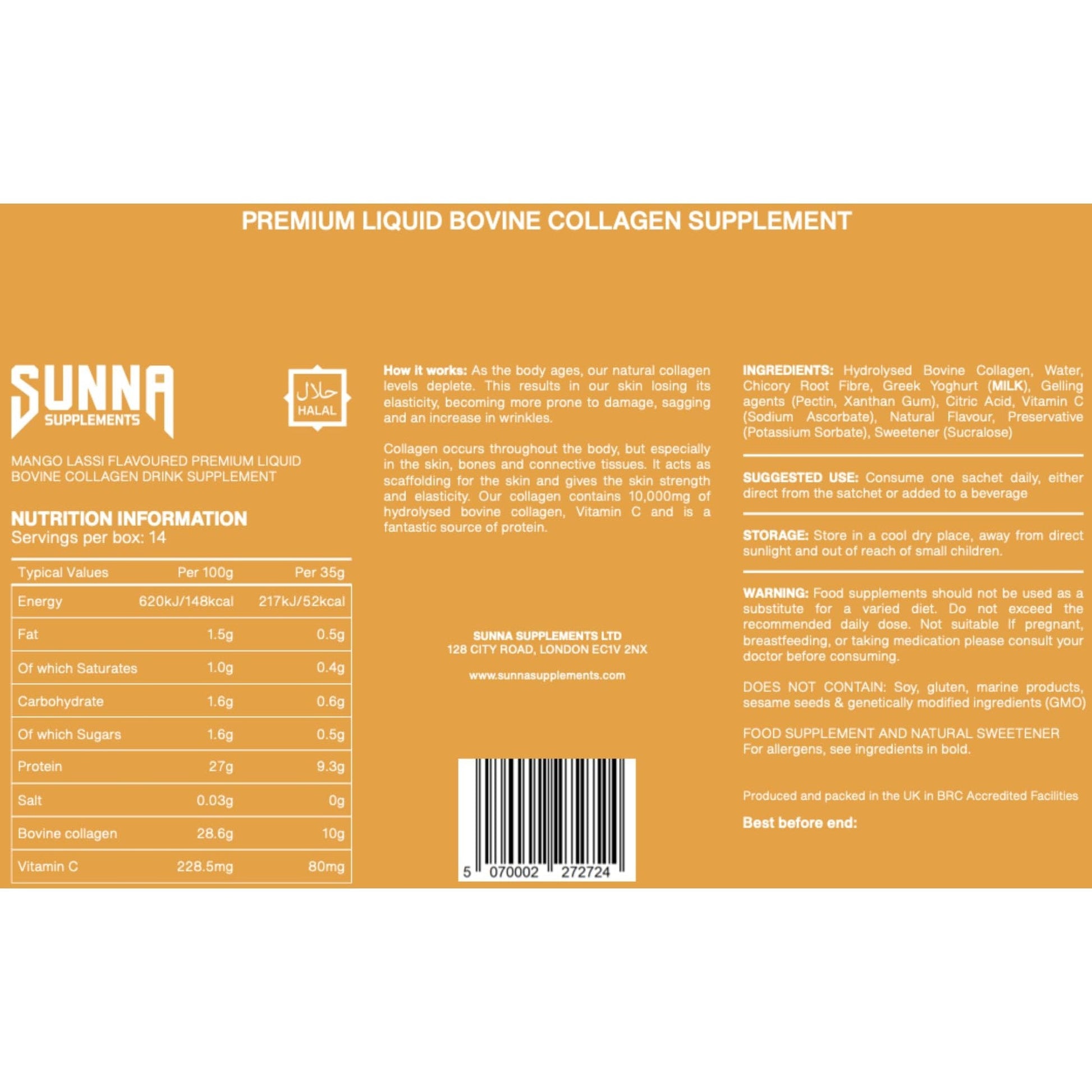 SUNNA SUPPLEMENTS - Halal Mango Lassi Collagen Drink with Vitamin C - 10000mg Bovine Liquid Collagen Peptides Women and Men - Hydrolysed Collagen Liquid Suitable for Everyone - 14 Sachets (35ml Each) - Medaid International