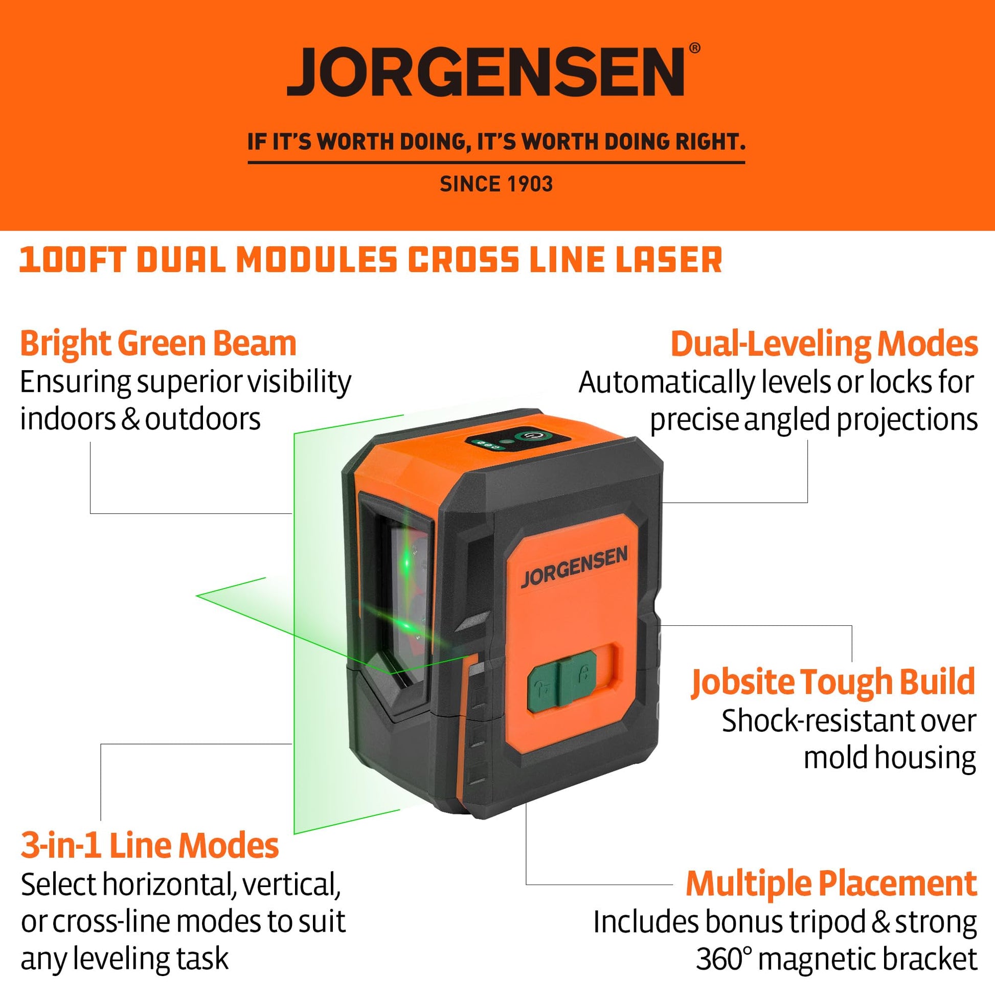 JORGENSEN Laser Level with Tripod, 100 FT Dual Modules Self Leveling Cross Line Laser Leveler Tool with 360° Magnetic Base, Green Laser Level for Picture Hanging, Tile, Home Renovation, Indoor Project - Medaid International