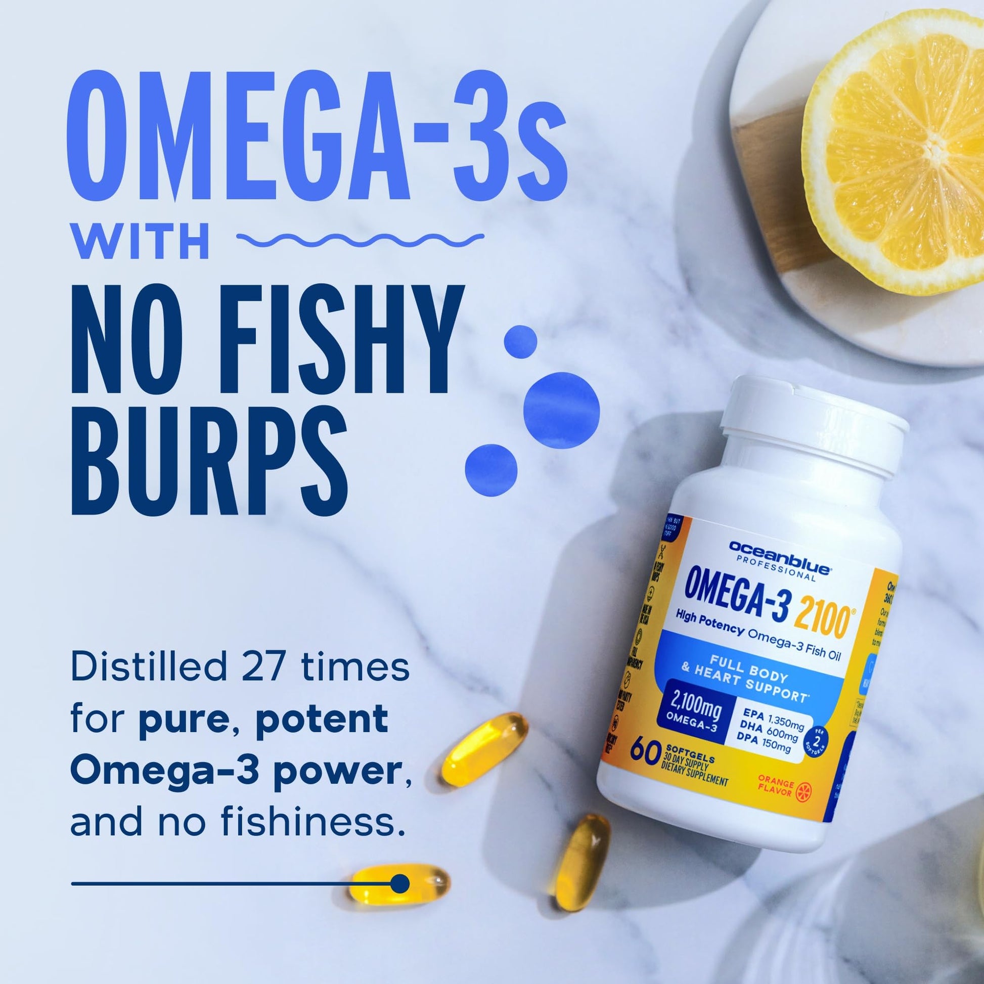 Oceanblue Professional Omega-3 2100 – 180 ct – Triple Strength Burpless Fish Oil Supplement with High-Potency EPA, DHA, DPA – Wild-Caught – Orange Flavor (90 Servings) - Medaid International