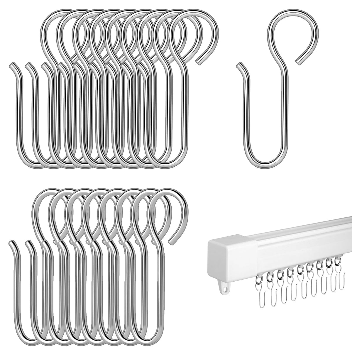 TERRIFI 120 Pcs Metal S Shaped Shower Curtain Hooks, Small Curtain Track Hangers, Drape Connection Hooks for Shower Curtains, RV Curtains, and Ceiling Curtains, Drapery Hanging Solution