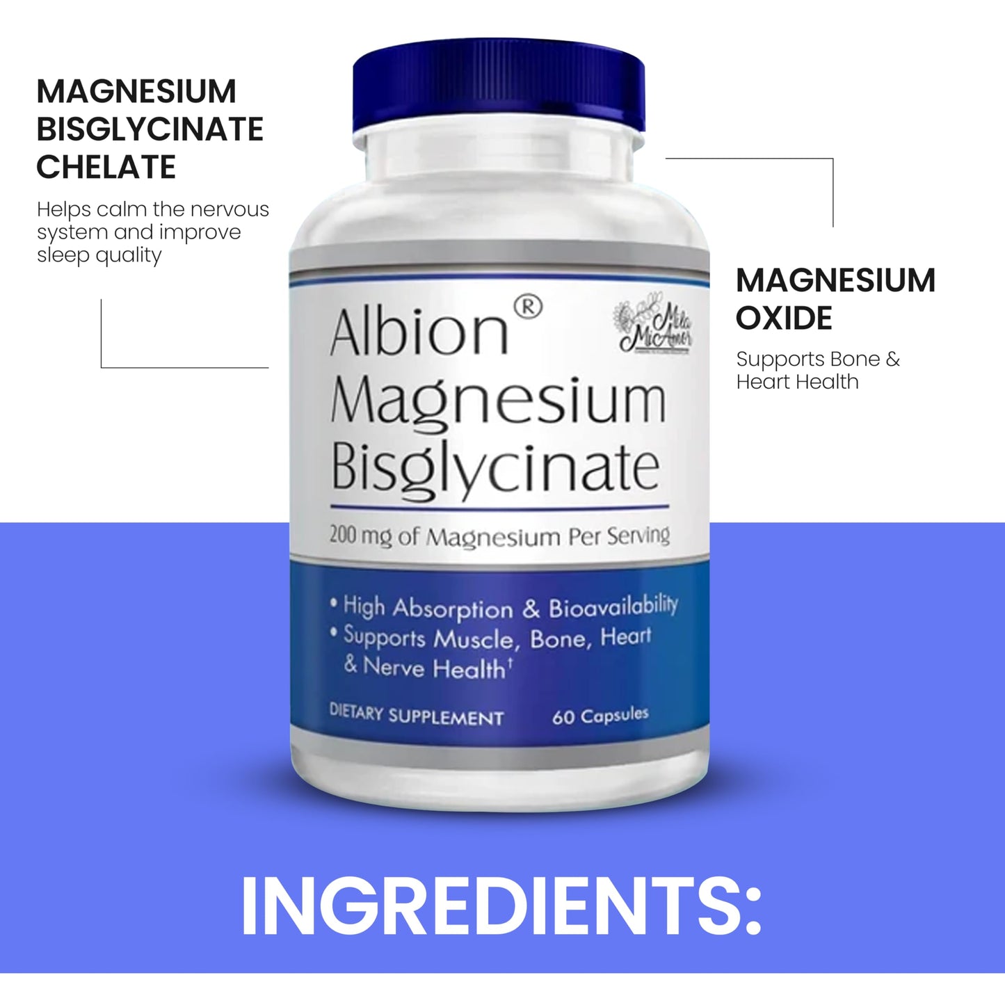 MilaMiAmor Albion® Magnesium Bisglycinate – Highly Absorbable Chelated Magnesium for Muscle, Nerve, Relaxation & Sleep Support – Gentle on Stomach, Vegan – 200mg per Serving, 60 Capsules - Medaid International
