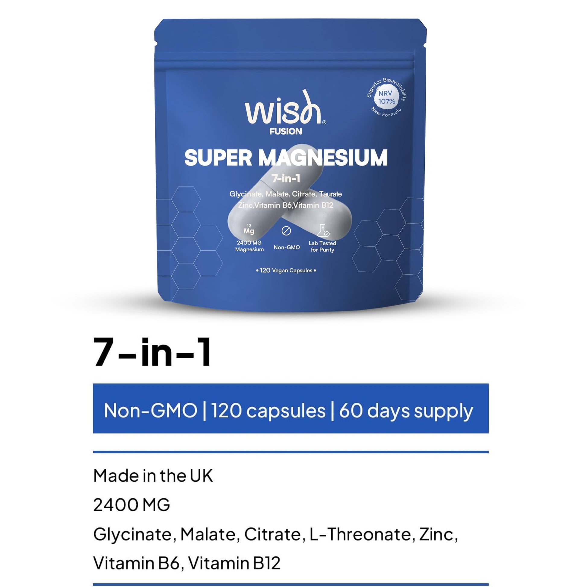 Wish Fusion Magnesium Glycinate 2400mg 7 in 1 Magnesium Complex with Malate, Citrate, Taurate for Sleep, Muscle Recovery, Stress Relief & Relaxation, Energy & Nerve Health120 Vegan Capsules - Medaid International