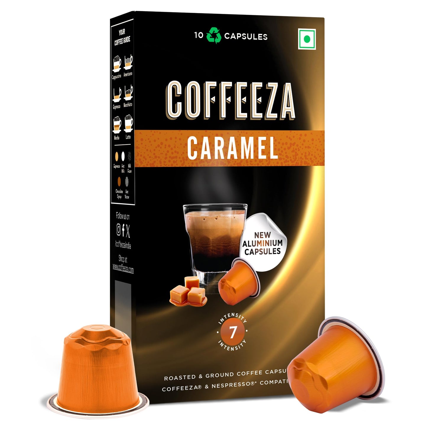 Coffeeza Caramel Flavoured Aluminium Coffee Capsules, Intensity -7, | 100% Arabica Coffee| Box of 1 (10 Capsules)