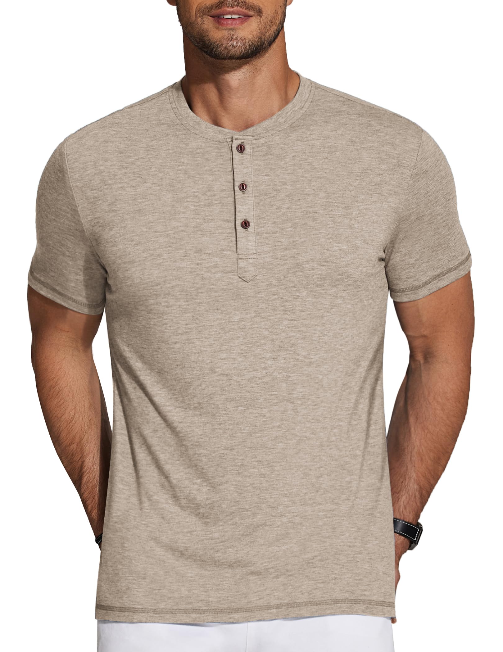 COOFANDY Men's Short Sleeve Henley Shirts Basic Tee Summer Solid Button T Shirts Lightweight Shirts Khaki - Medaid International