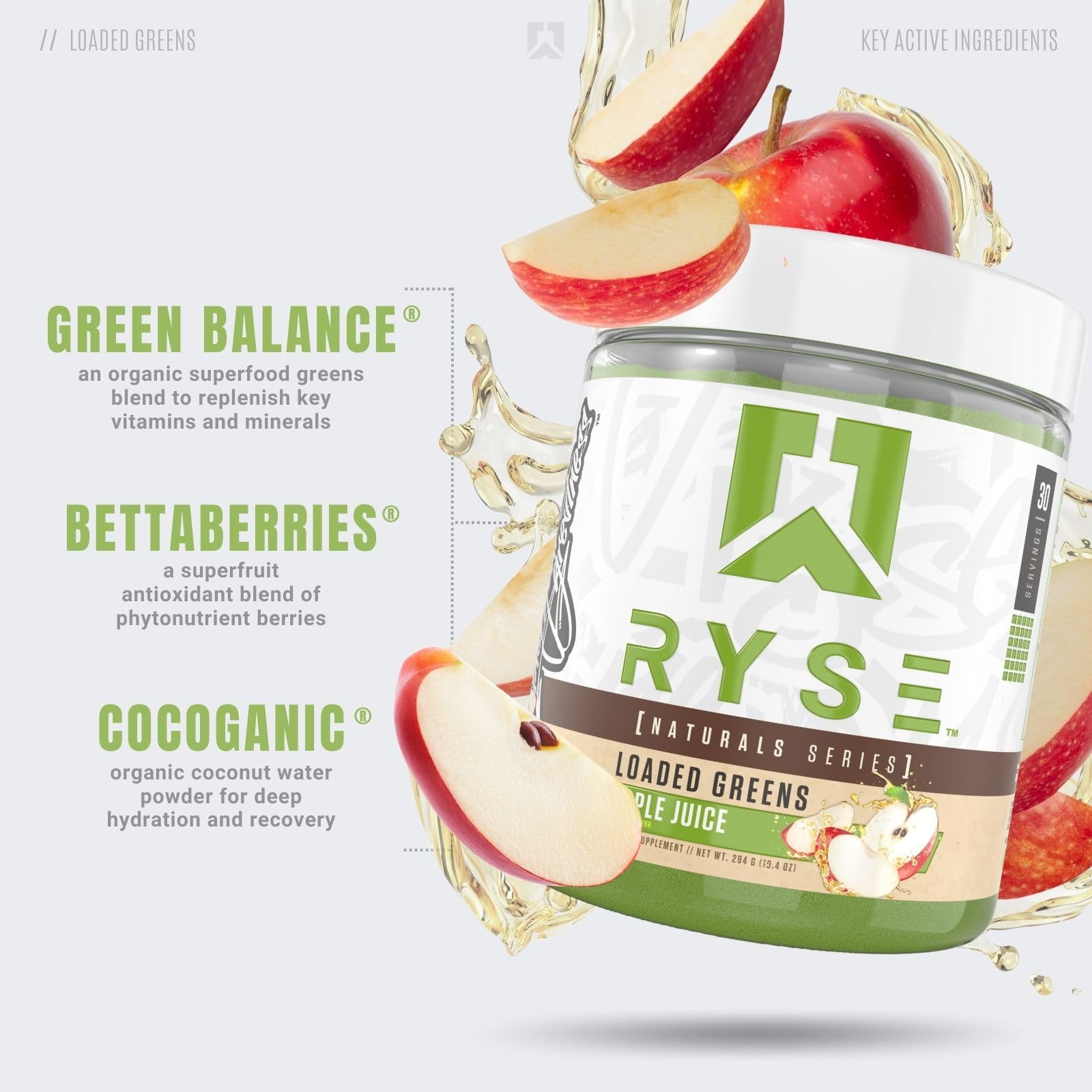 RYSE Loaded Greens Superfood Powder - Apple Juice - Daily Supplement with Greens Balance, BettaBerries & Sukre Fiber - Supports Digestion, Immunity & Energy - No Artificial Sweeteners - 30 Servings - Medaid International